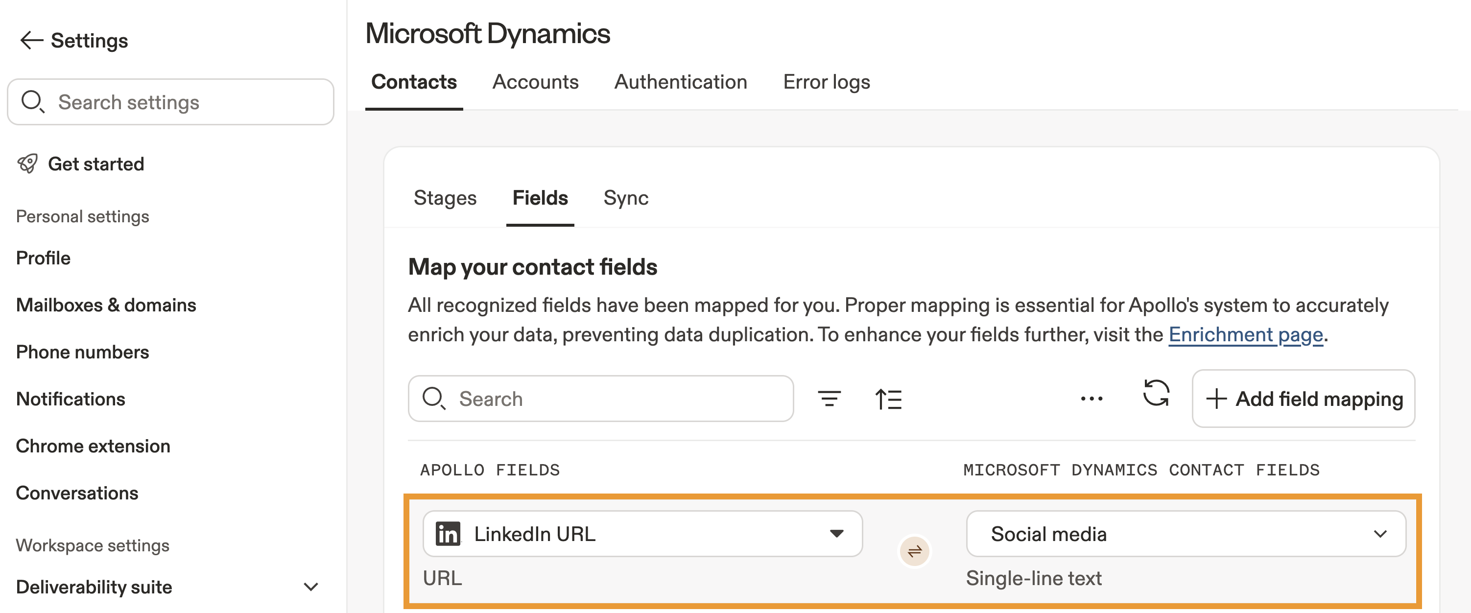 An example field is selected from the dropdown