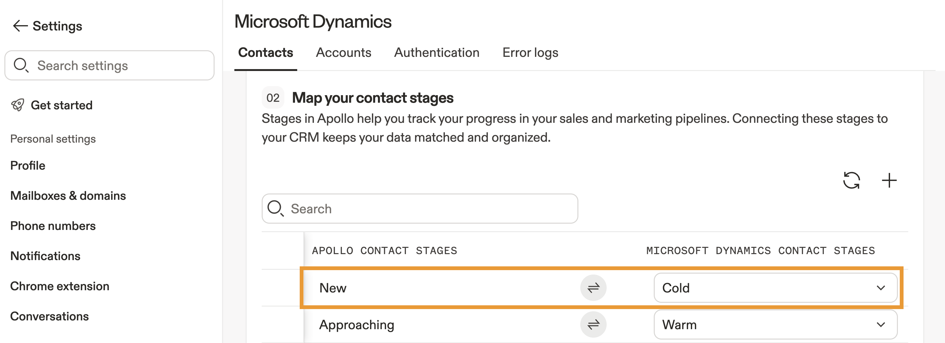 An example field is mapped to Microsoft Dynamics