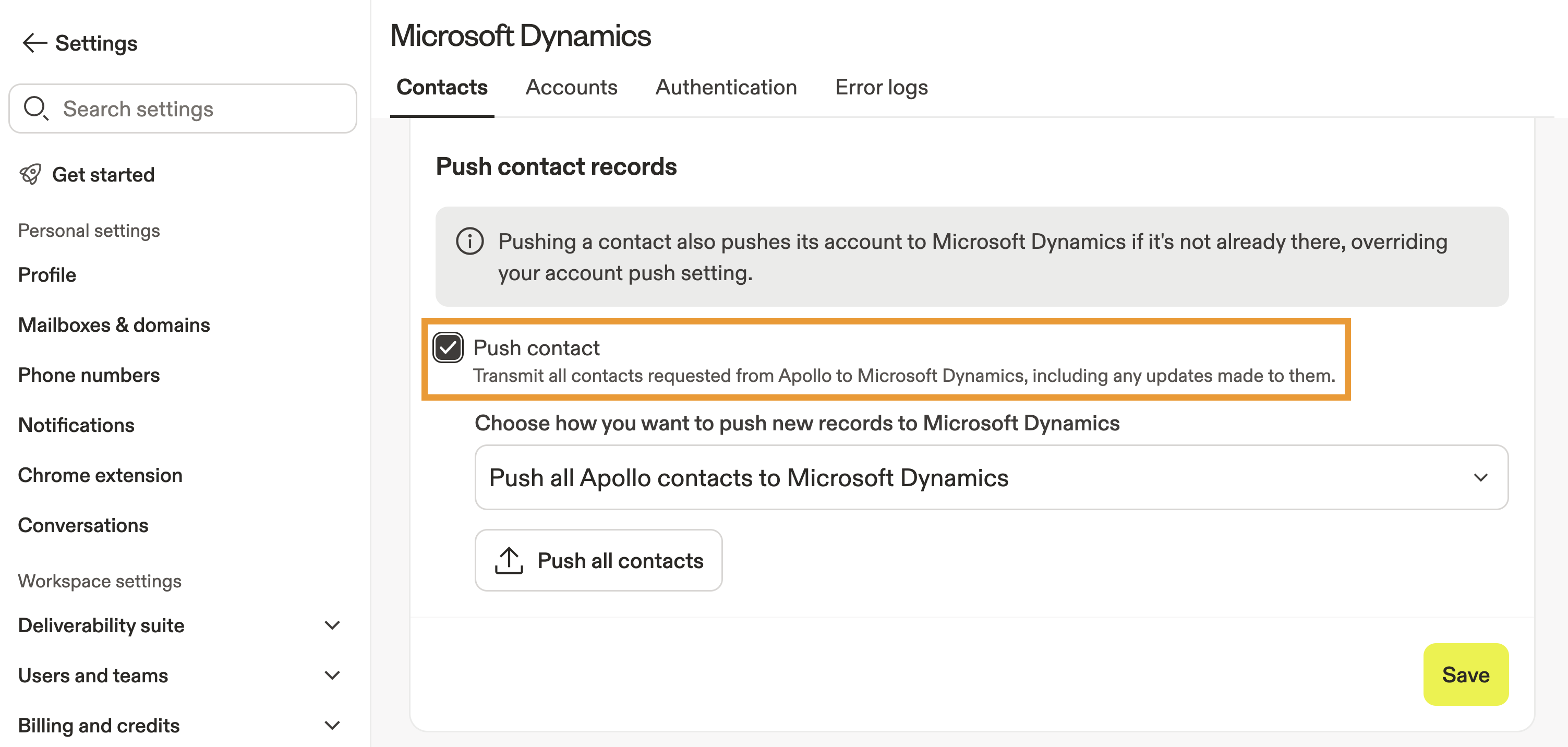 The Push contacts button is highlighted