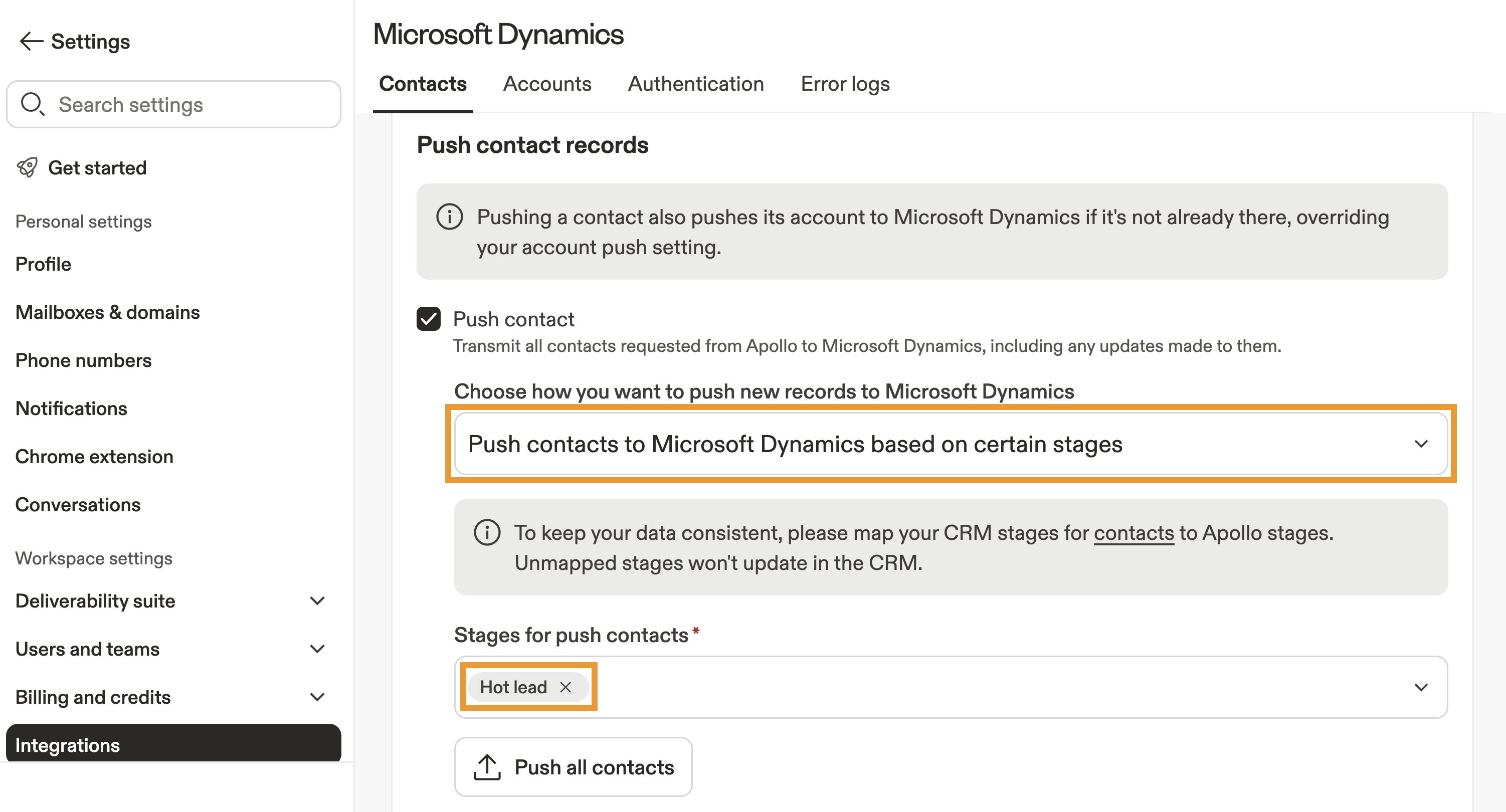 The Push contacts button is highlighted