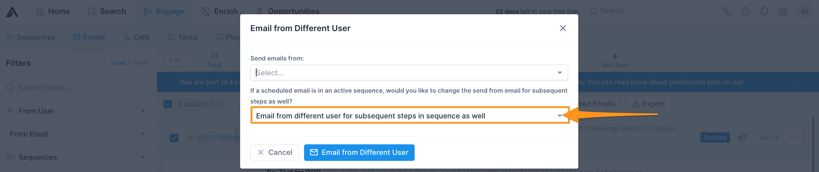 Change Send from Email for Subsequent Sequence Steps Drop-Down