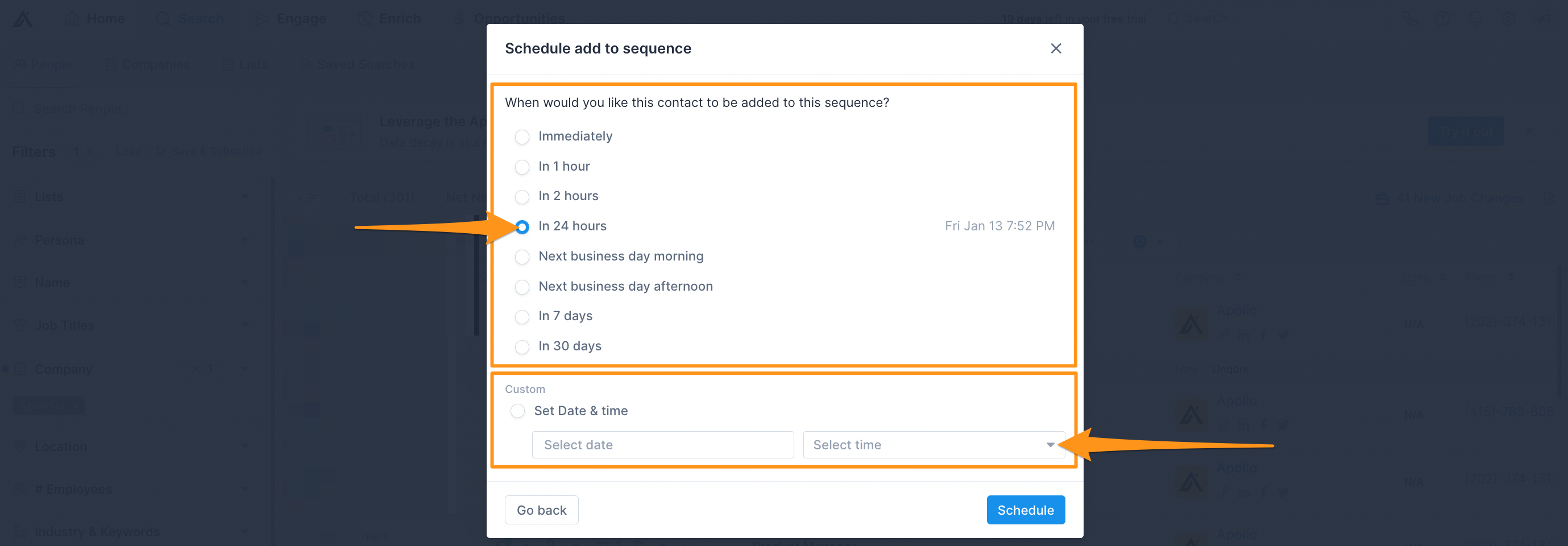 Schedule radio buttons in schedule add to sequence modal