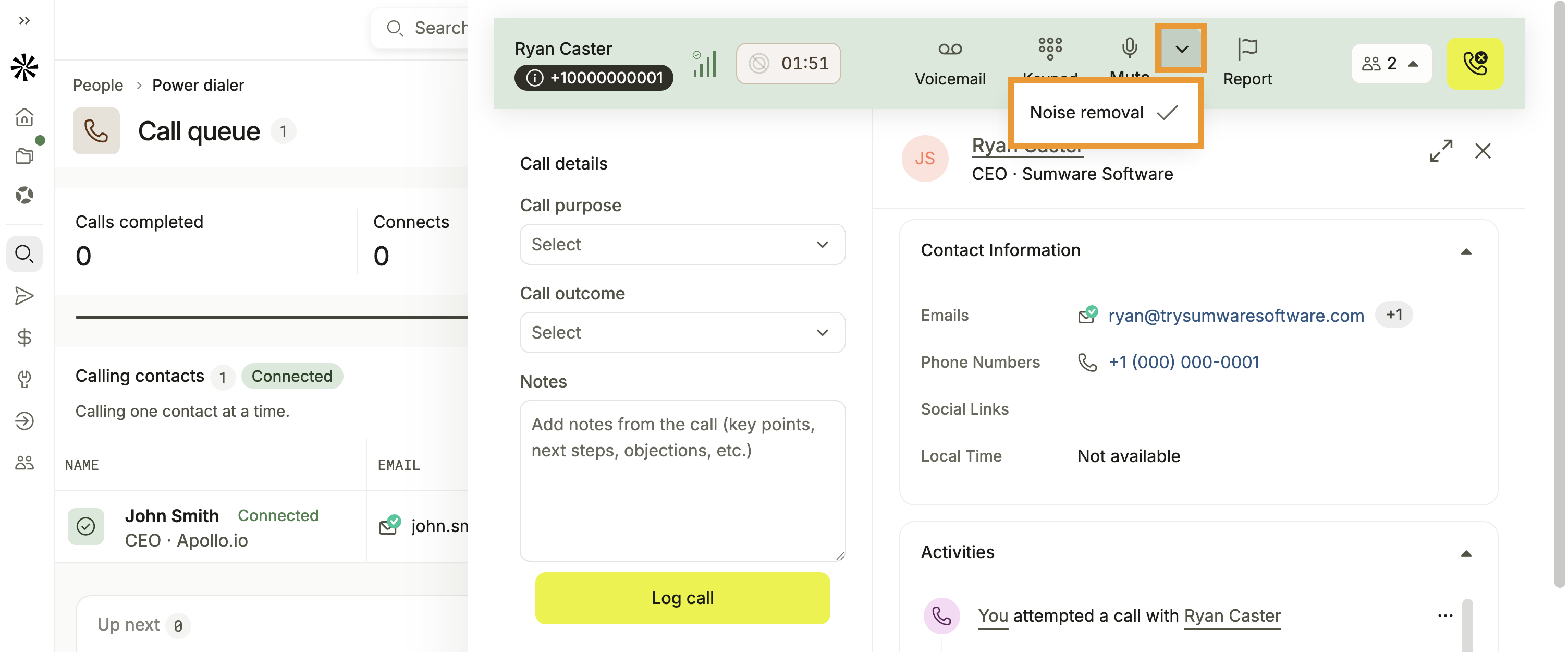 An example ongoing call is shown