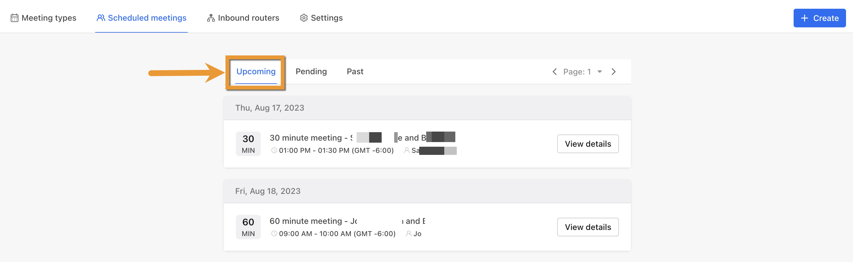 Upcoming Meetings Tab in Meetings Dashboard