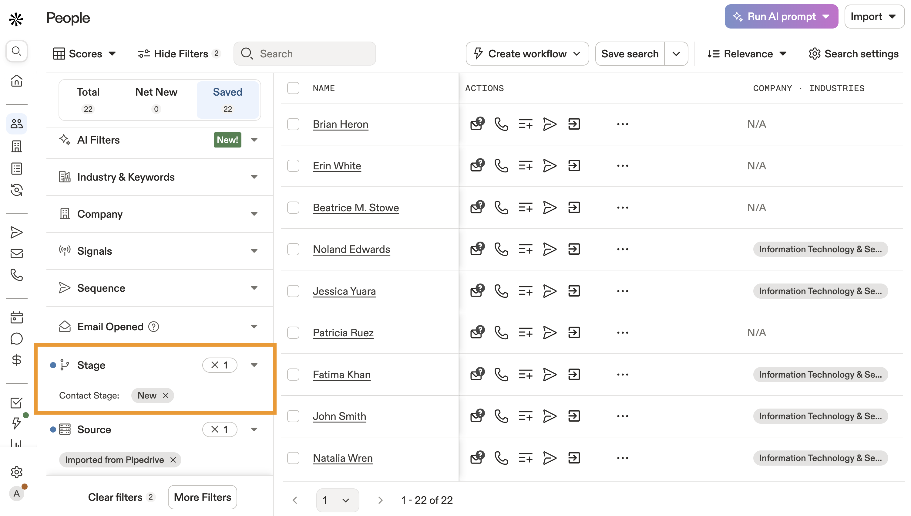 Source is set to imported from CRM and P icon indicates the contact is from Pipedrive