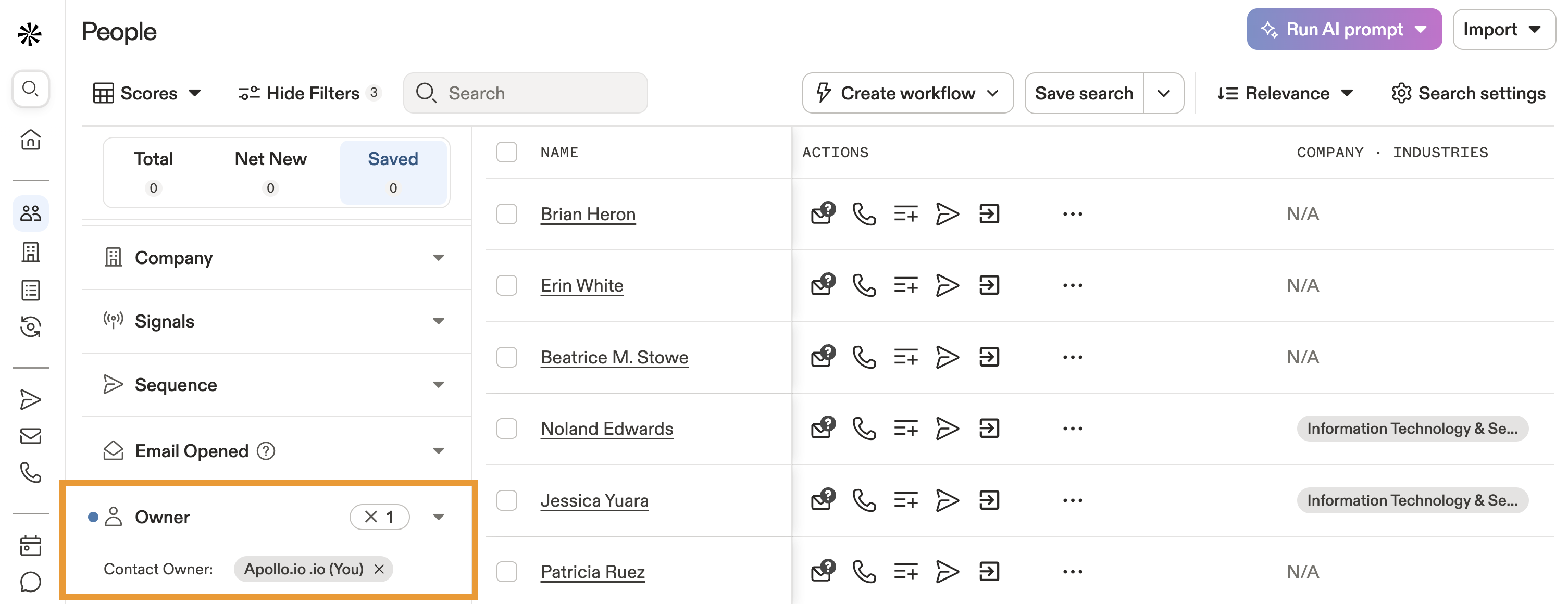 Owner is set to Apollo.io and P icon indicates the contact is from Pipedrive