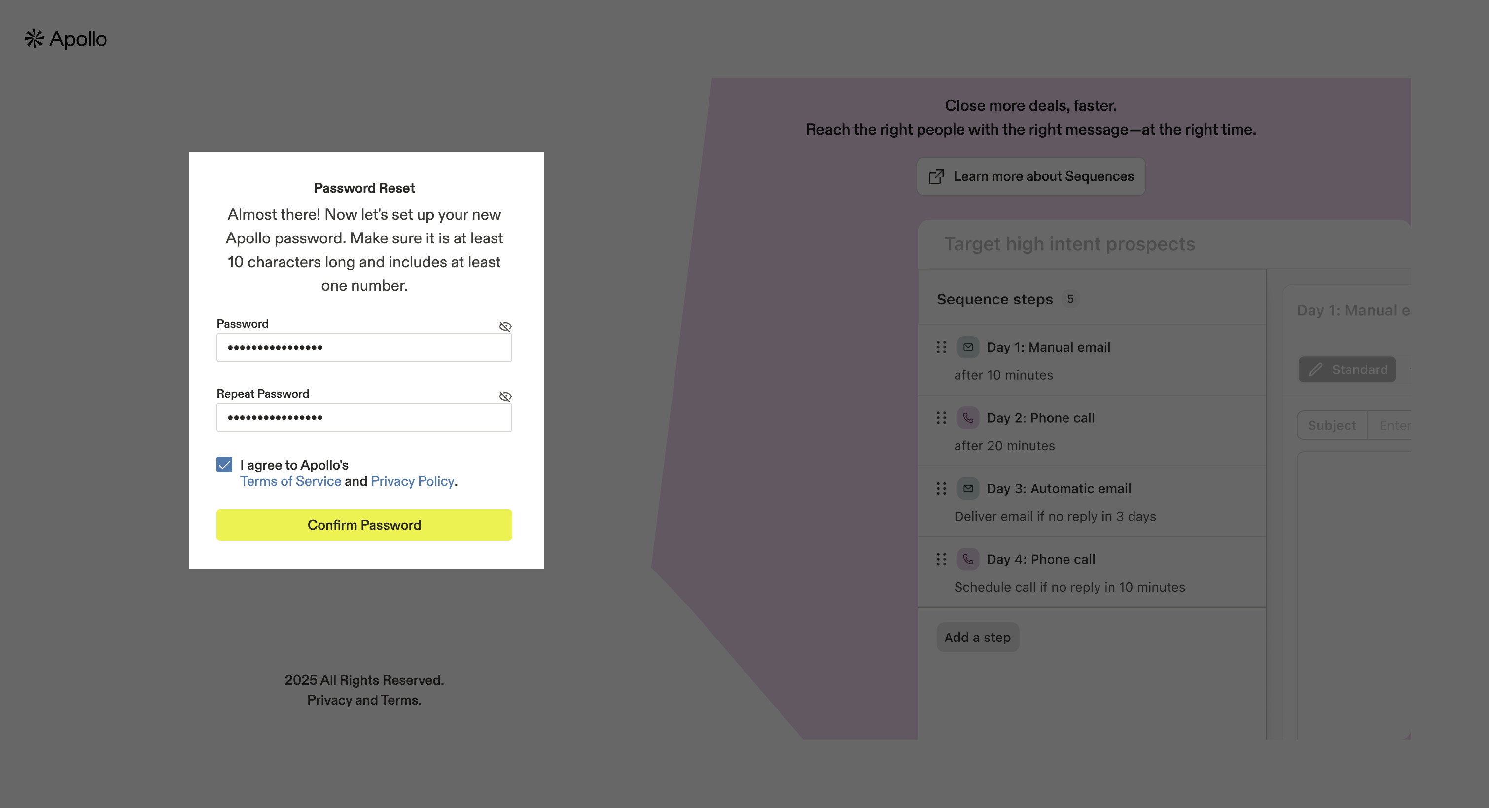 Creating and confirming a new password on Apollo