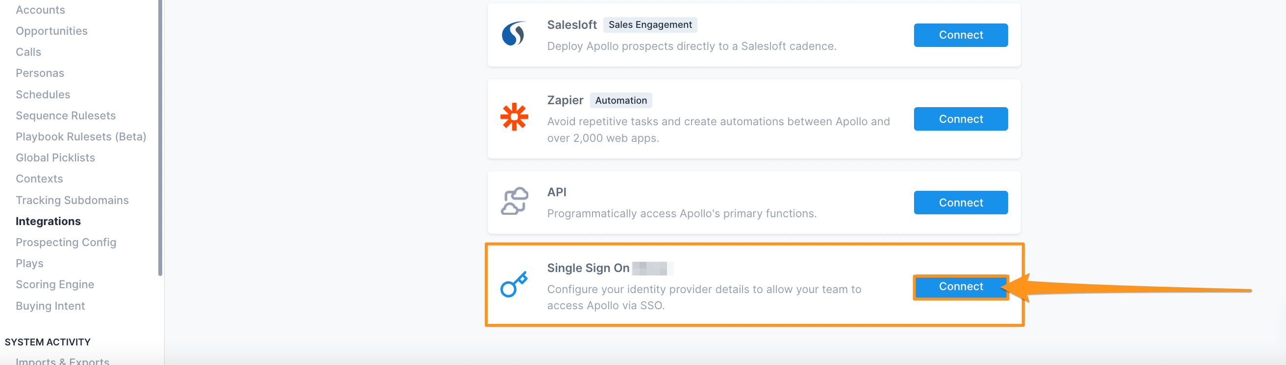 Connect SSO button on integrations page