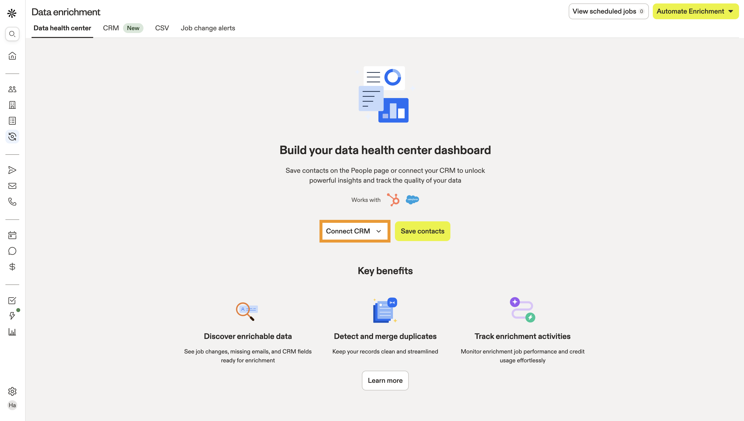 Connect CRM button highlighted for new users first opening the Data Health Center