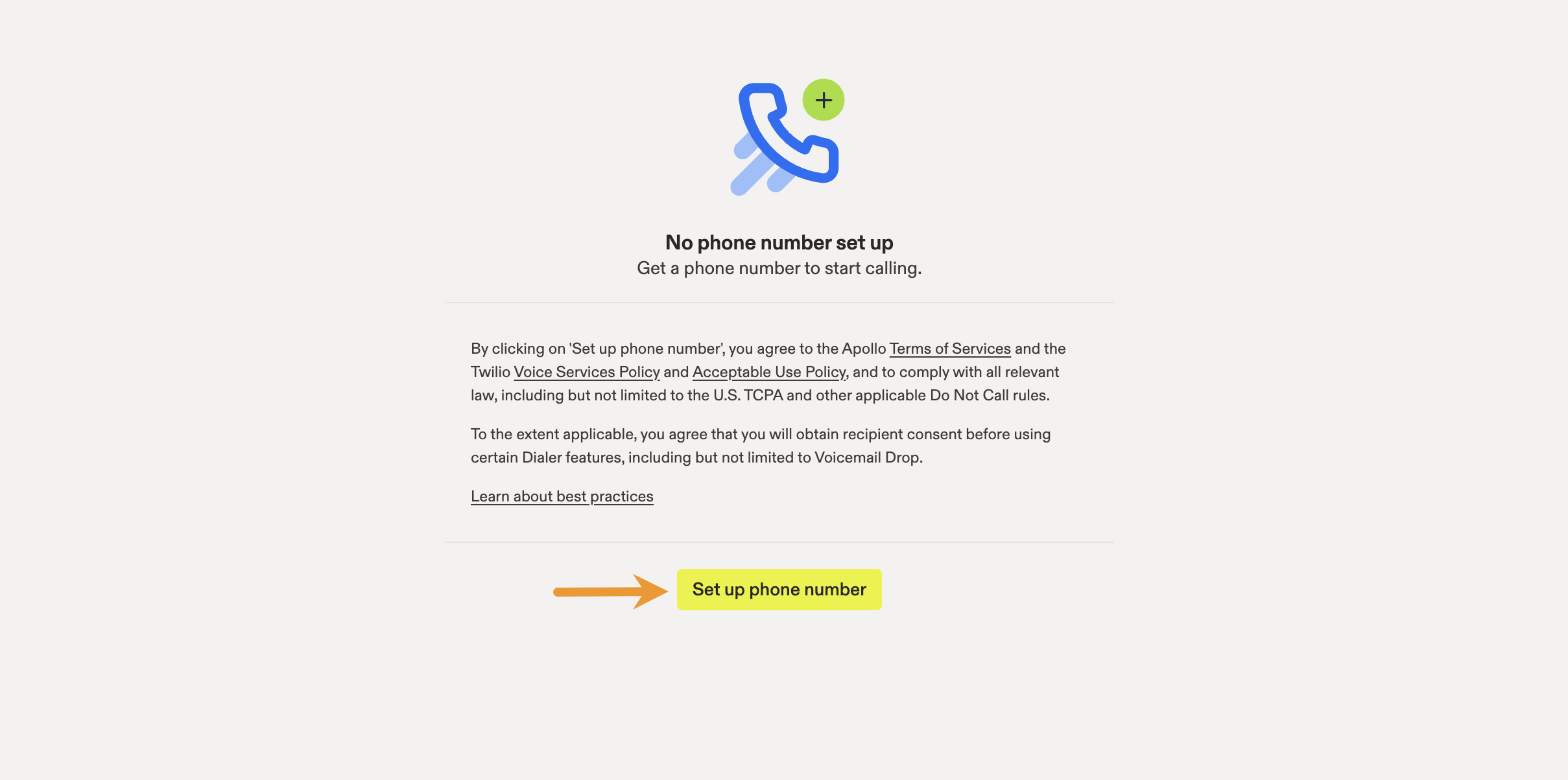 The set up phone number button is highlighted