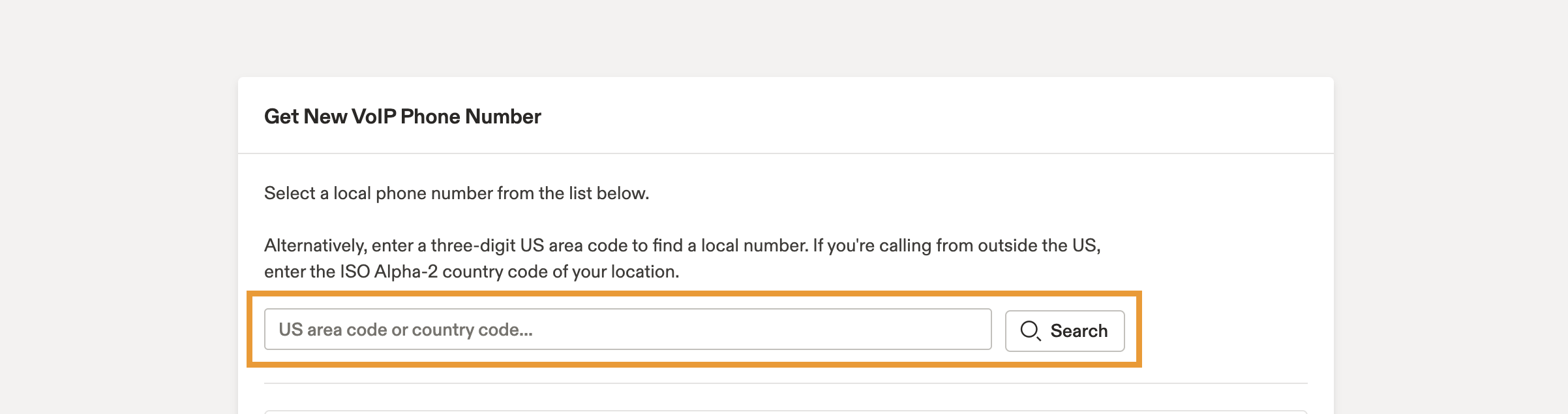 An example area code is shown with the Search button highlighted