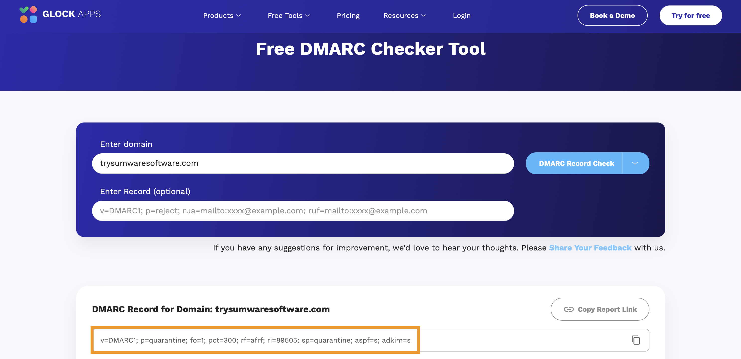 Sample DMARC format in GlockApps