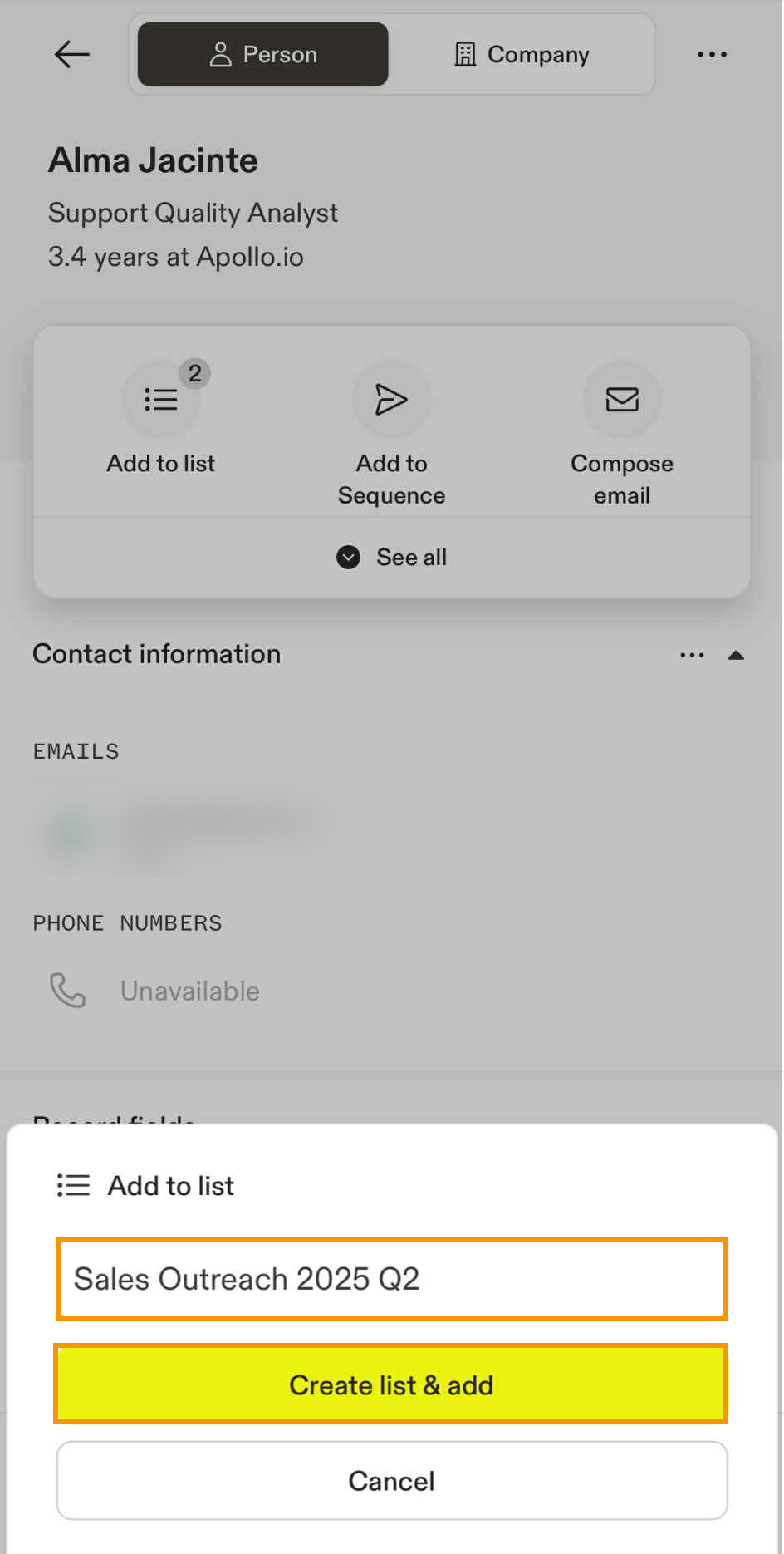 Enter New List Name, then Tap Create List & Add