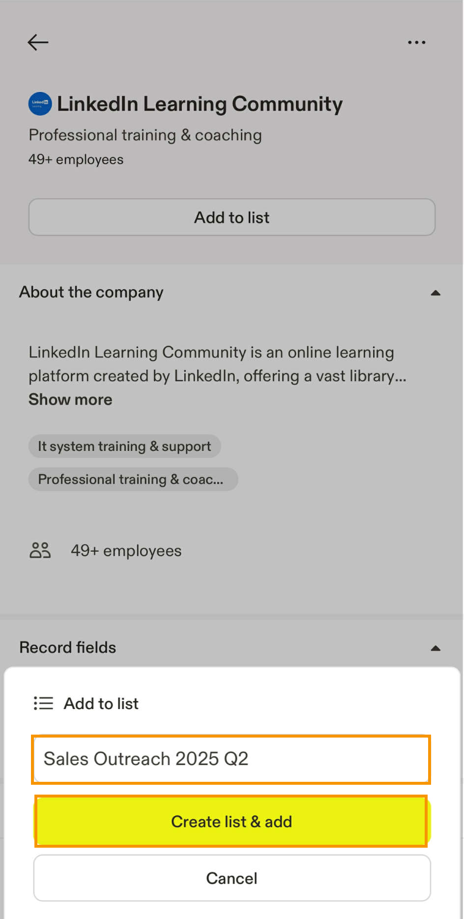Enter New List Name, then Tap Create List & Add