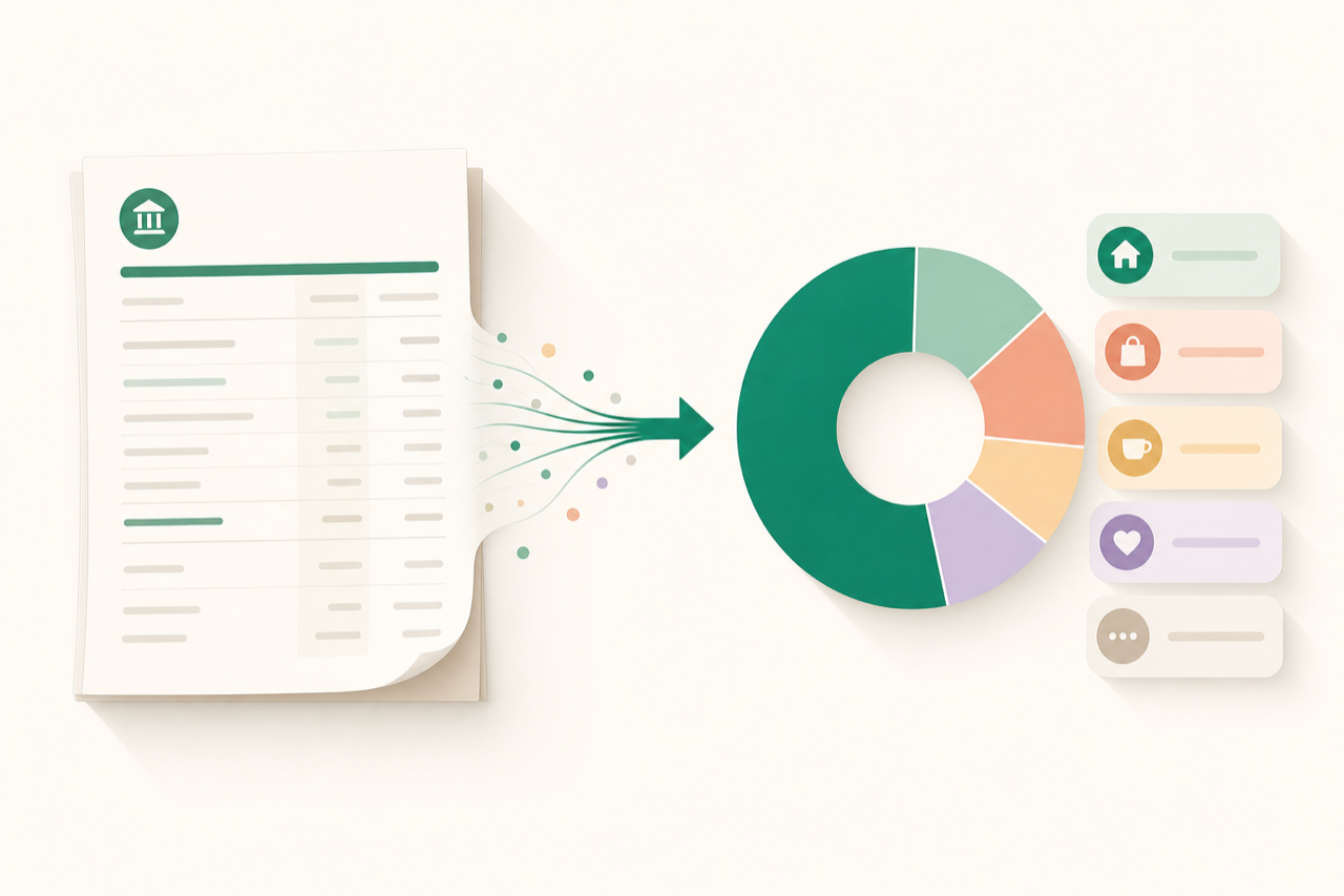 A bank statement being transformed into a categorized spending donut chart