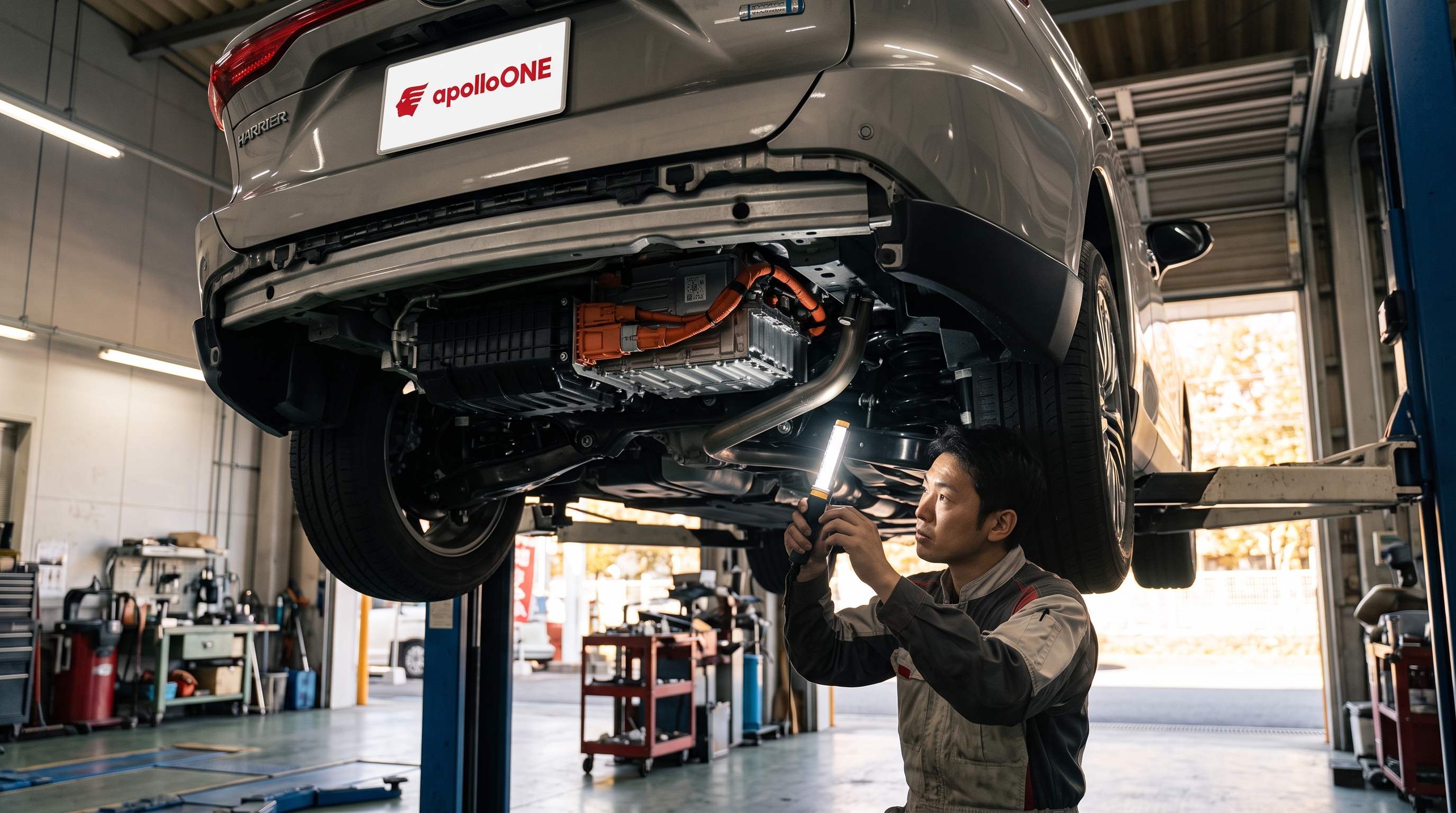 整備工場でリフトアップされたSUV車の下回りを、ハンディライトで照らしながら点検する作業服姿の整備士の様子。車両後方の構造を真剣に確認するローアングルのシーン。
