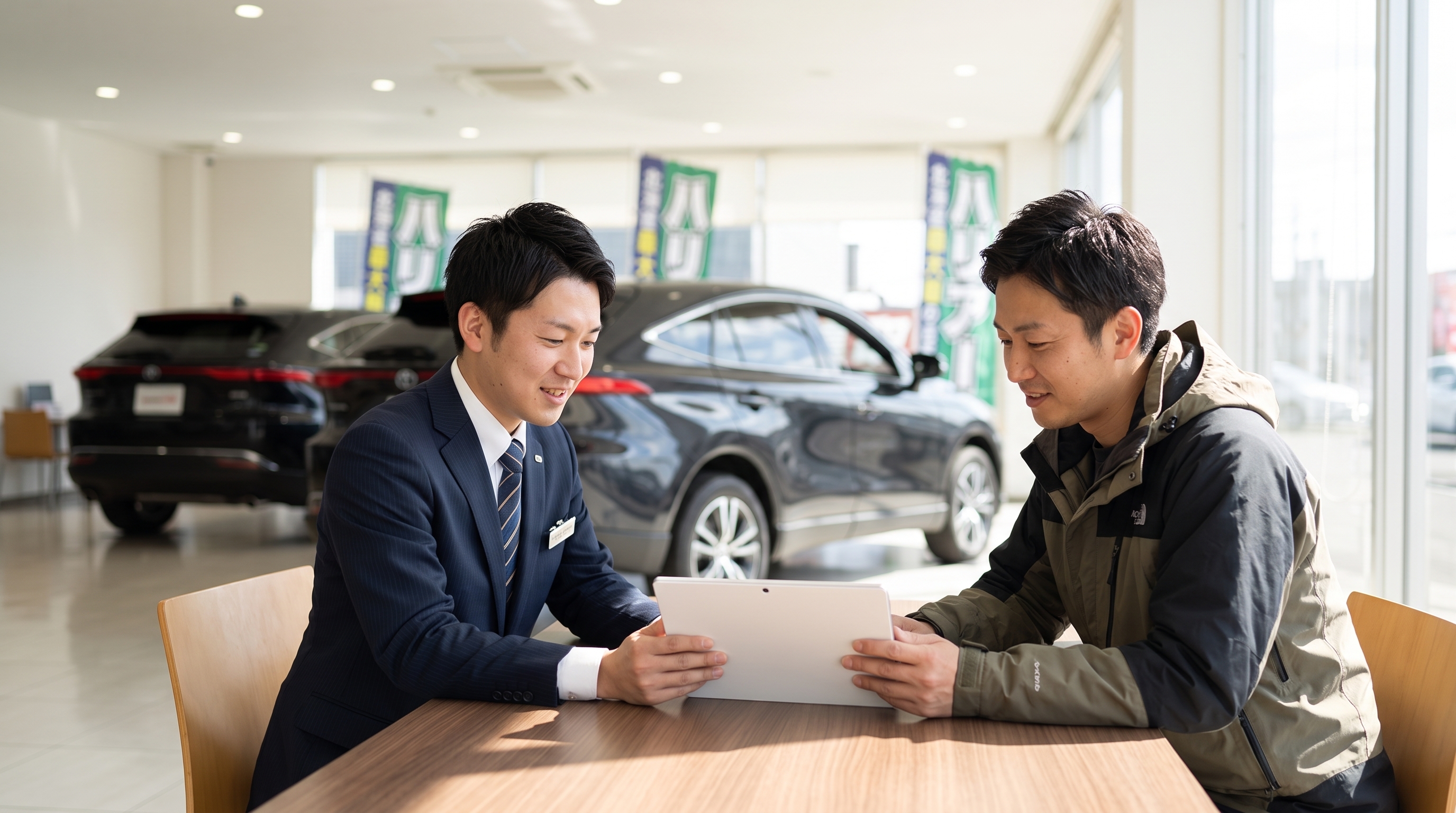 自然光が差し込むショールームで、スタッフと男性客がテーブル越しに向かい合う様子。タブレットを一緒に見ながら、希望の条件に合う中古車を和やかに探しているシーン。