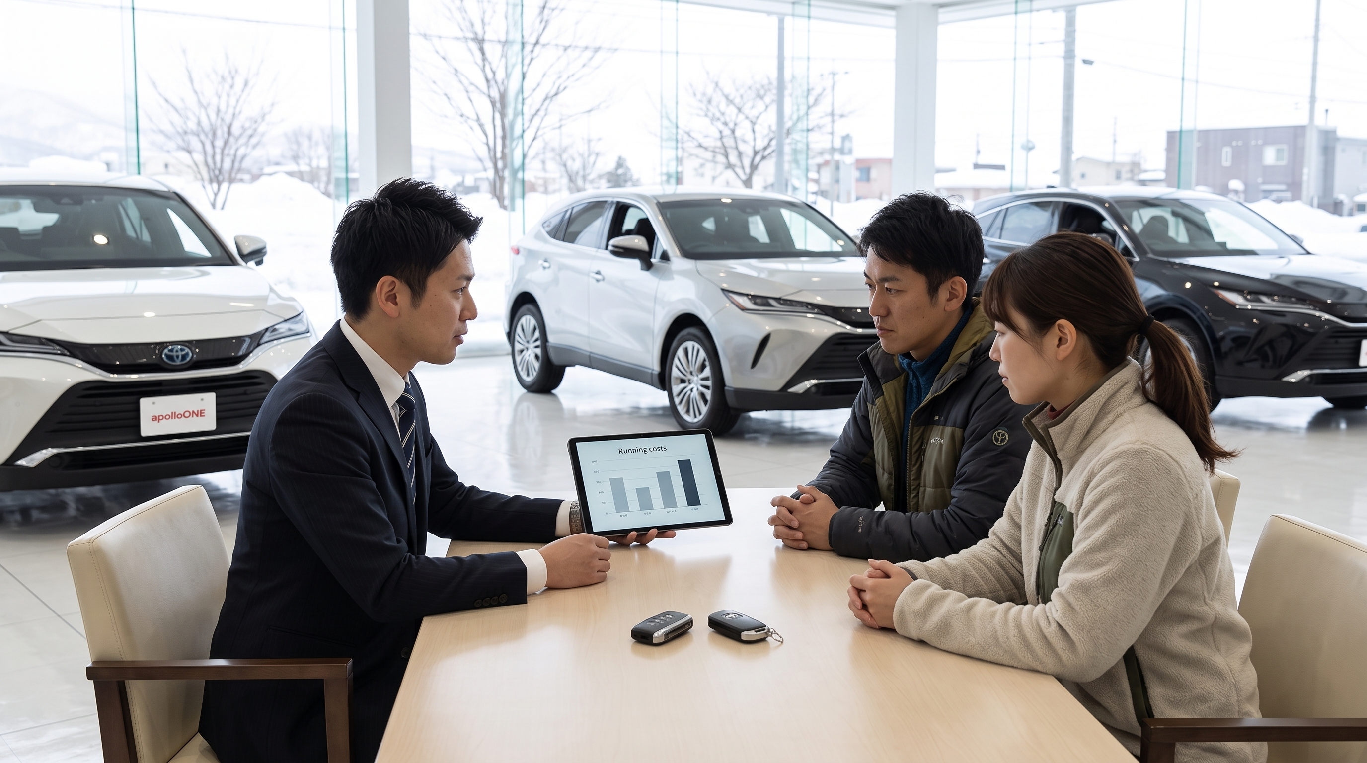 雪景色が見える冬の明るいショールームにて、スタッフと客がテーブル越しにタブレットを見ながら比較検討している様子。机には2種類のスマートキーが置かれている。