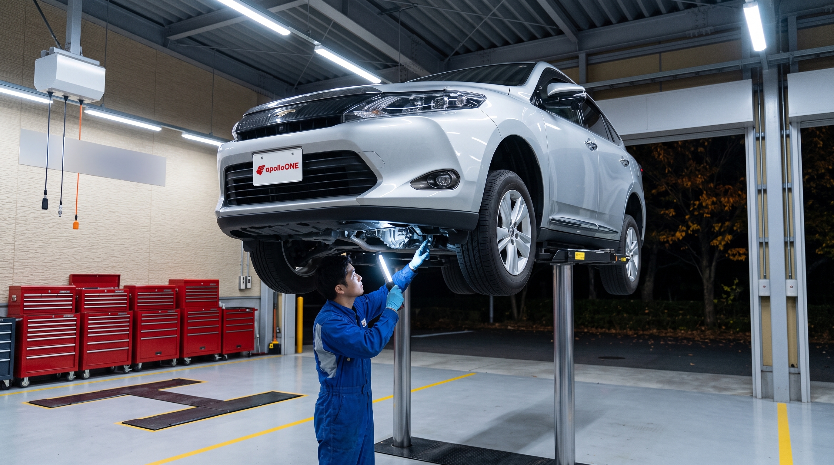 明るく清潔な整備工場内の様子。リフトアップされたシルバーの車の下回りを、作業服姿の整備士が丁寧に点検している、維持費の節約につながるメンテナンスのシーン。