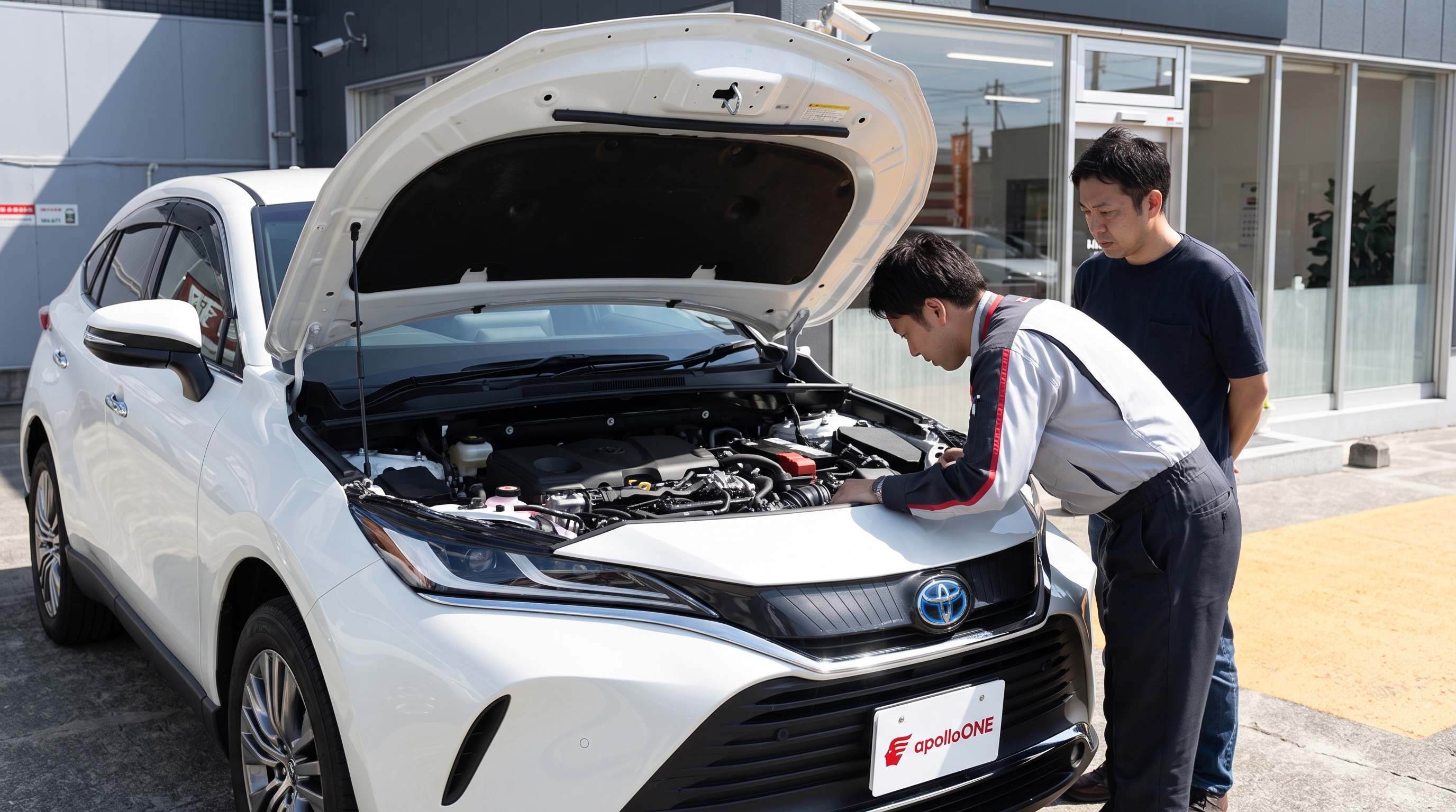 夏の朝の日差しの中、屋外スペースで車の査定を行うシーン。スタッフがエンジンルームを確認し、顧客が真剣に見守る様子を斜め上からのハイアングルで捉えた風景です。