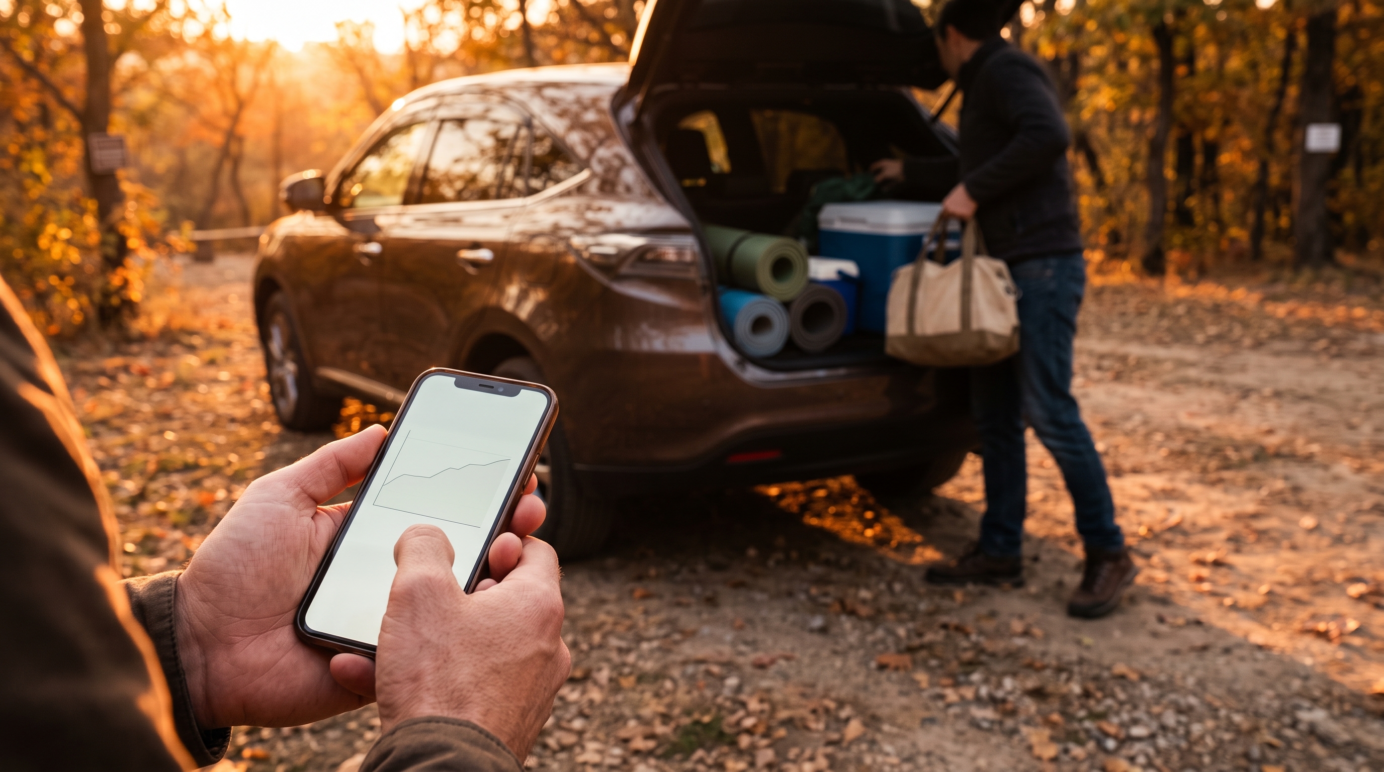 秋の夕暮れ時のキャンプ場でスマートフォンを持つ手元のクローズアップ。背景にはSUVのトランクに荷物を積み込む人物が、暖かな夕日の中にぼやけて映る様子です。