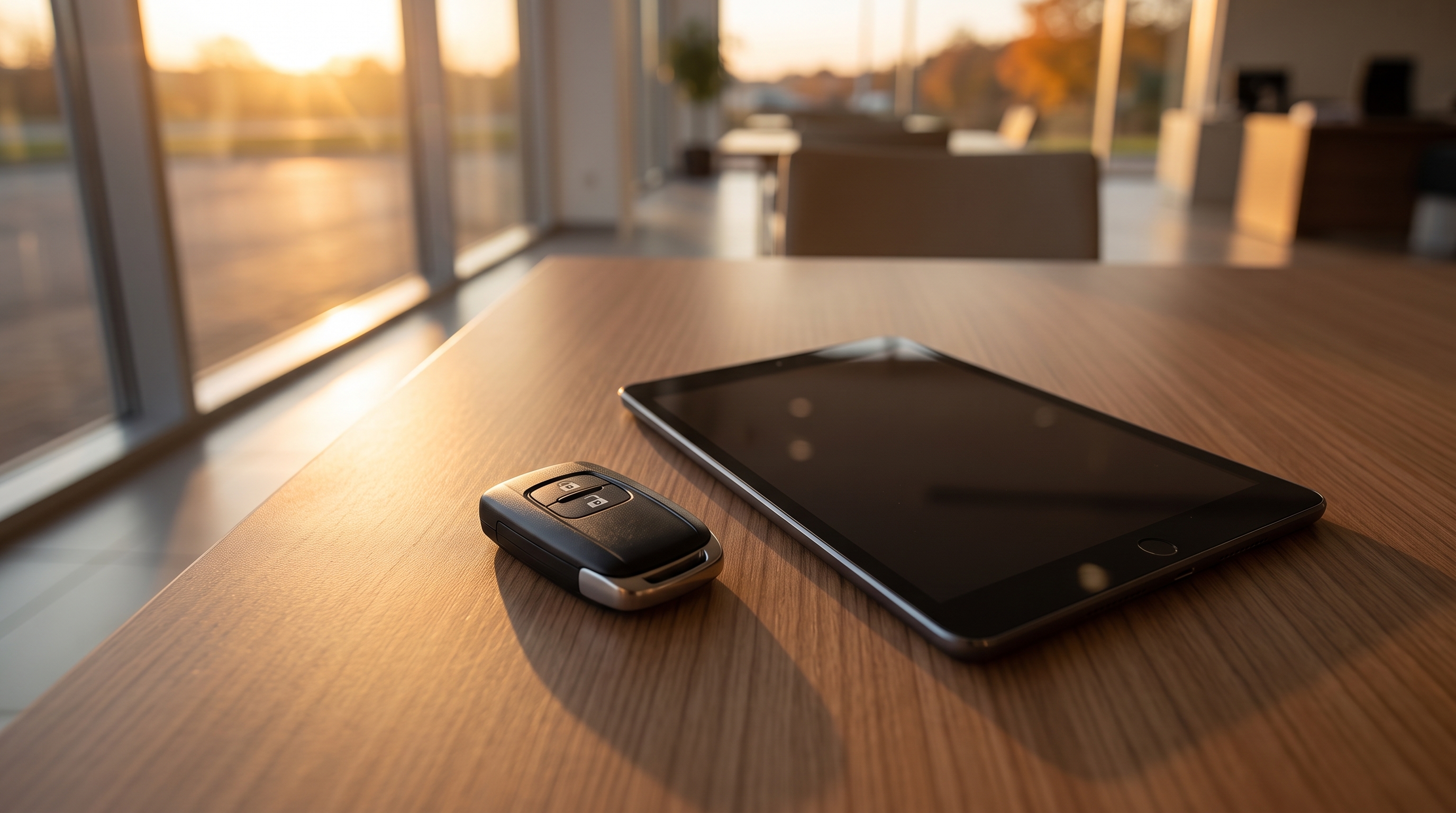 夕暮れ時のショールームにて、温かみのある木目調テーブルの上にハリアーのスマートキーと査定額提示用のタブレット端末が置かれている、落ち着いた雰囲気の様子。