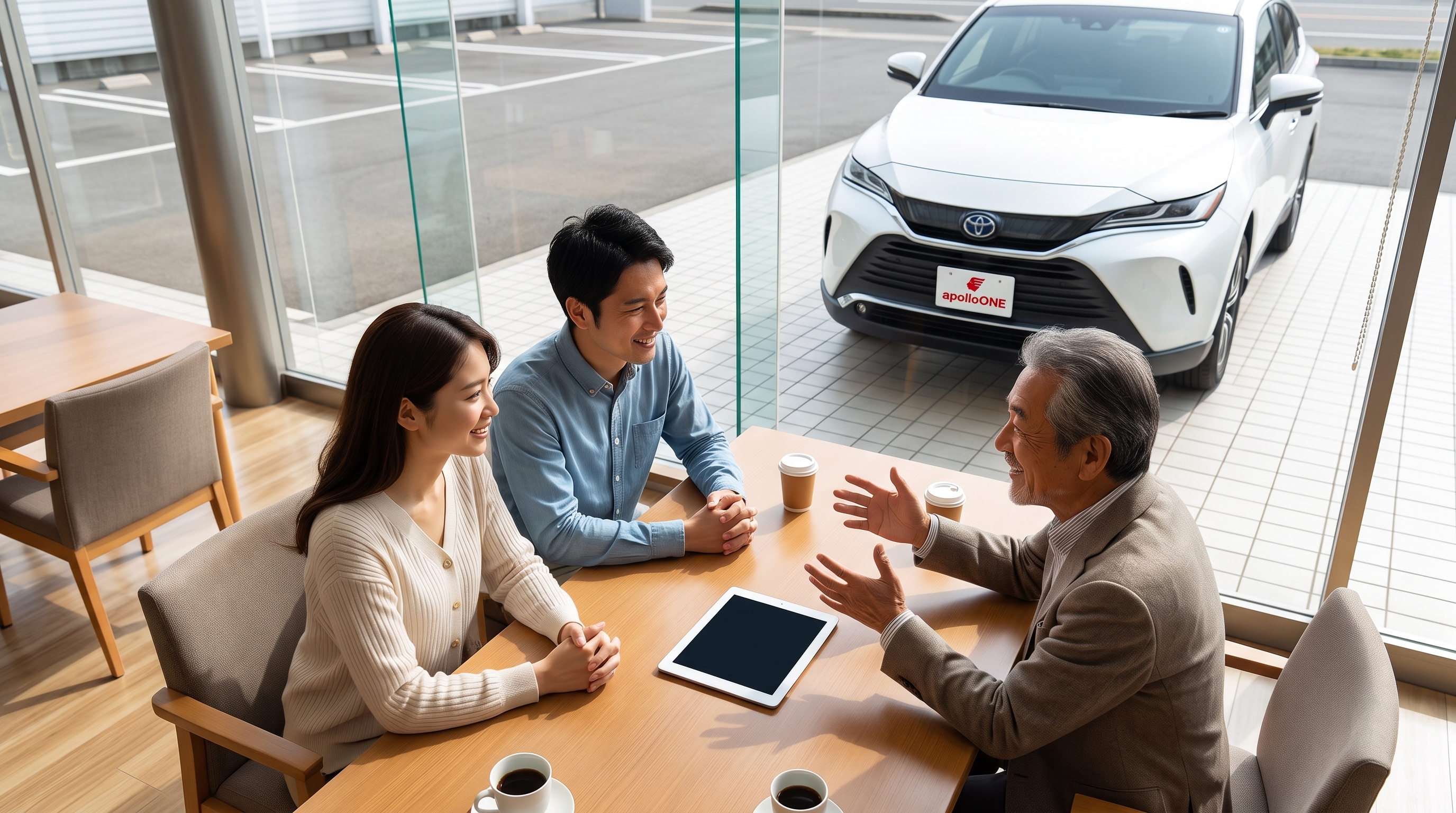 自然光がたっぷり入る明るい商談スペースで、木目のテーブルを囲みながら、SUVの購入を検討する顧客に対して熱心にアドバイスをしている和やかなシーン。