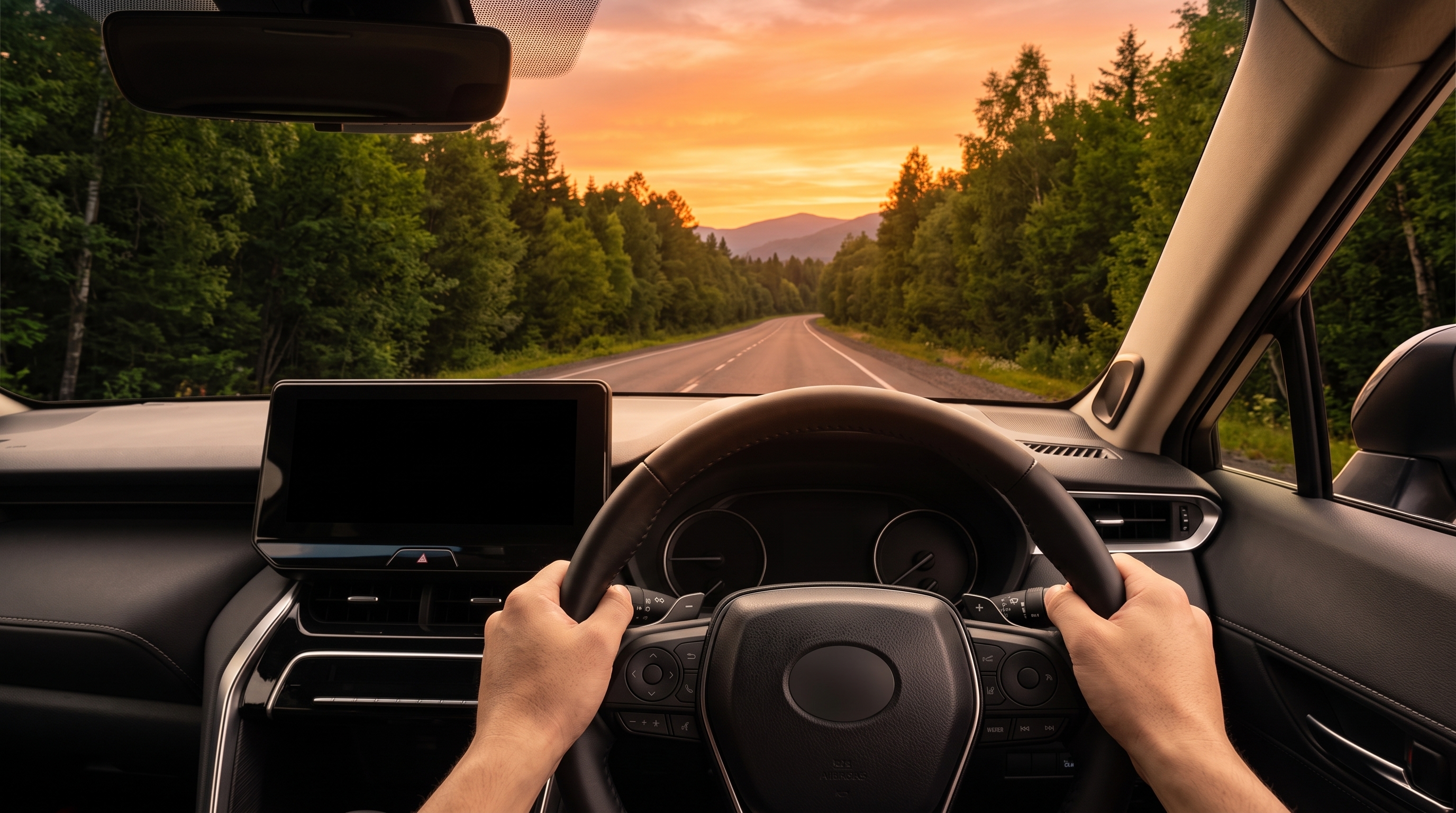 夕暮れ時に郊外を走行するSUV車内をドライバー目線で捉えた様子。ステアリングを握る両手が写り、フロントガラス越しに夕焼け空と緑が続く一本道が見えるシーン。