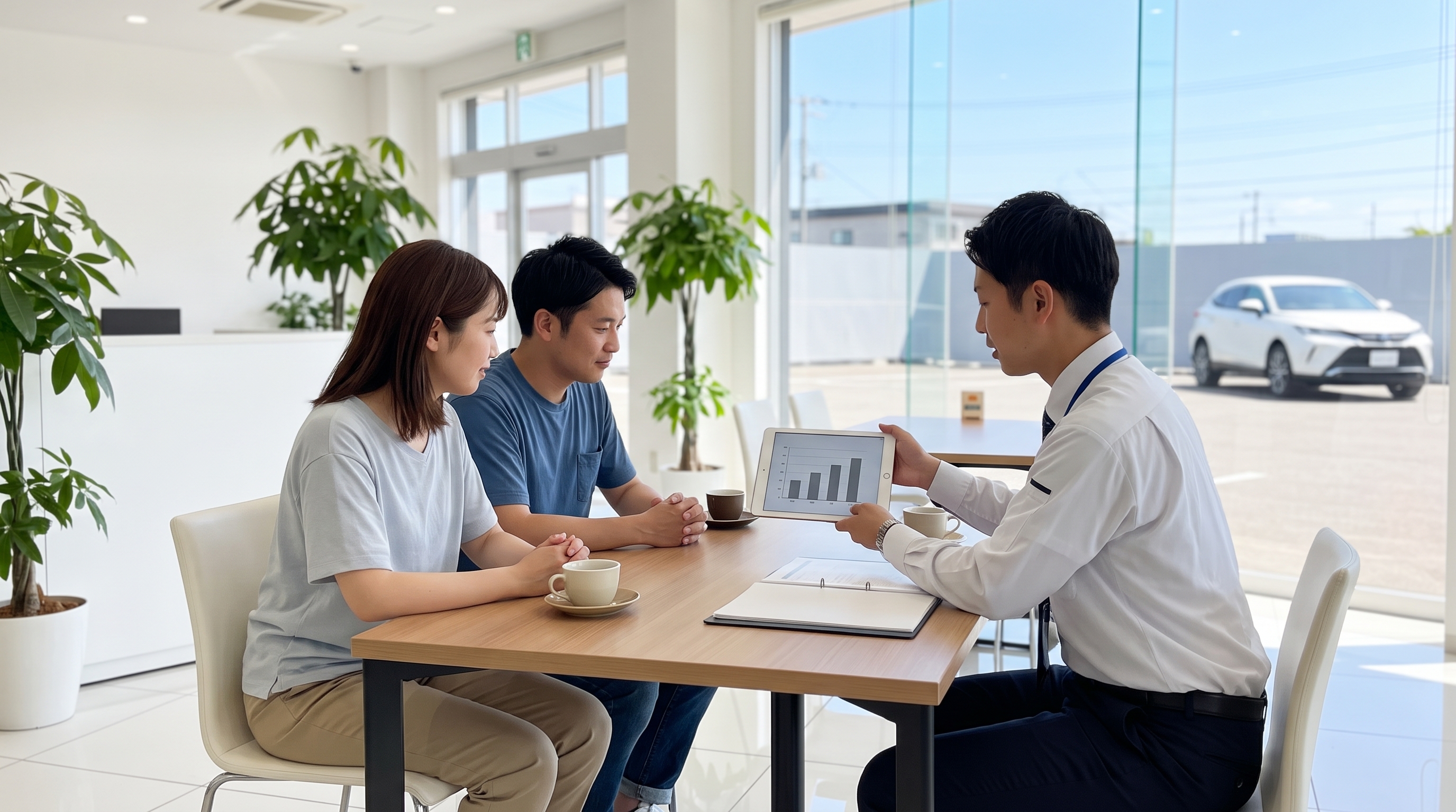 明るいショールームで、スタッフが顧客夫婦に対してタブレットを使いながら説明している様子。清潔感のある白い室内に観葉植物の鮮やかな緑が美しく映える寄りの構図。