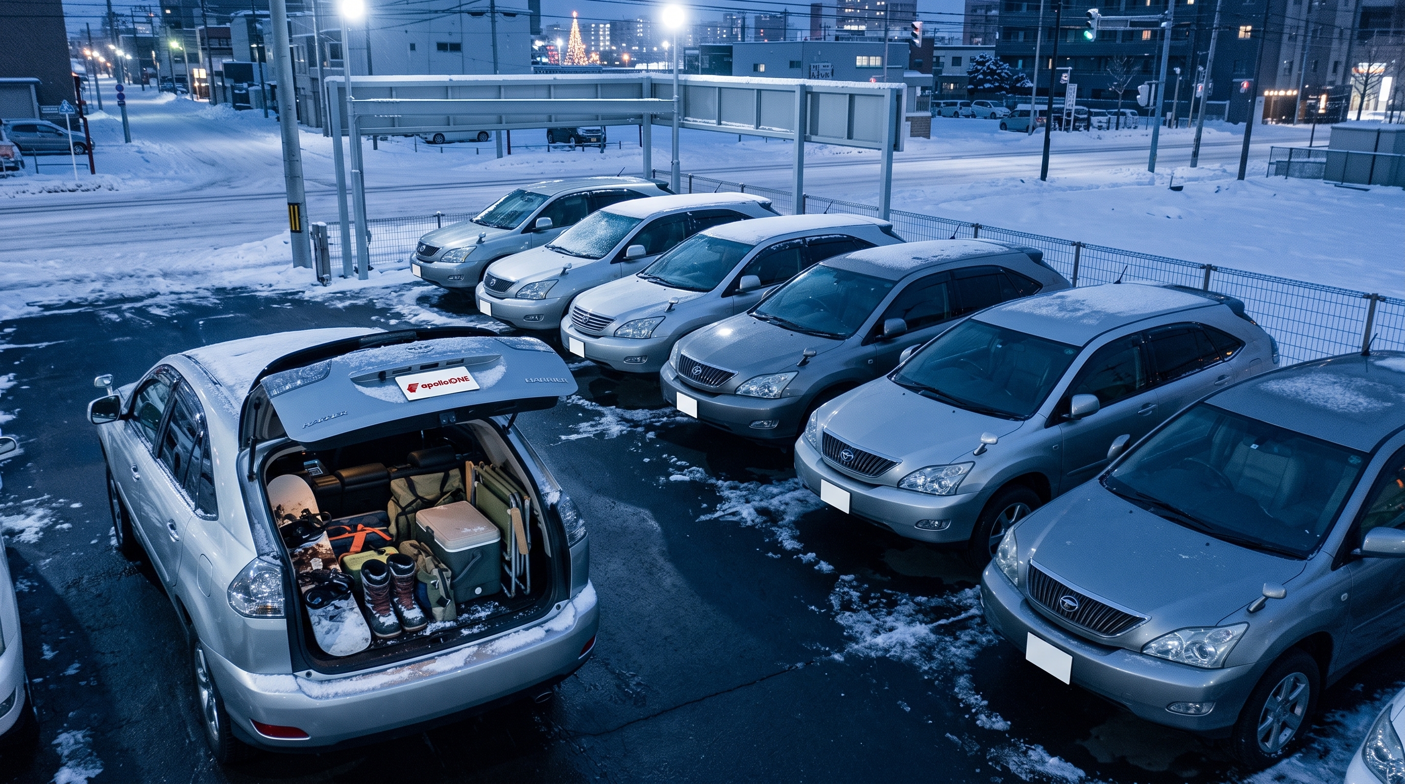 雪が積もる冬の夜の屋外展示スペースにSUVが整然と並ぶ俯瞰シーン。1台のトランクが開いており、スノーボードや冬用キャンプ道具などのアウトドアギアが見えます。
