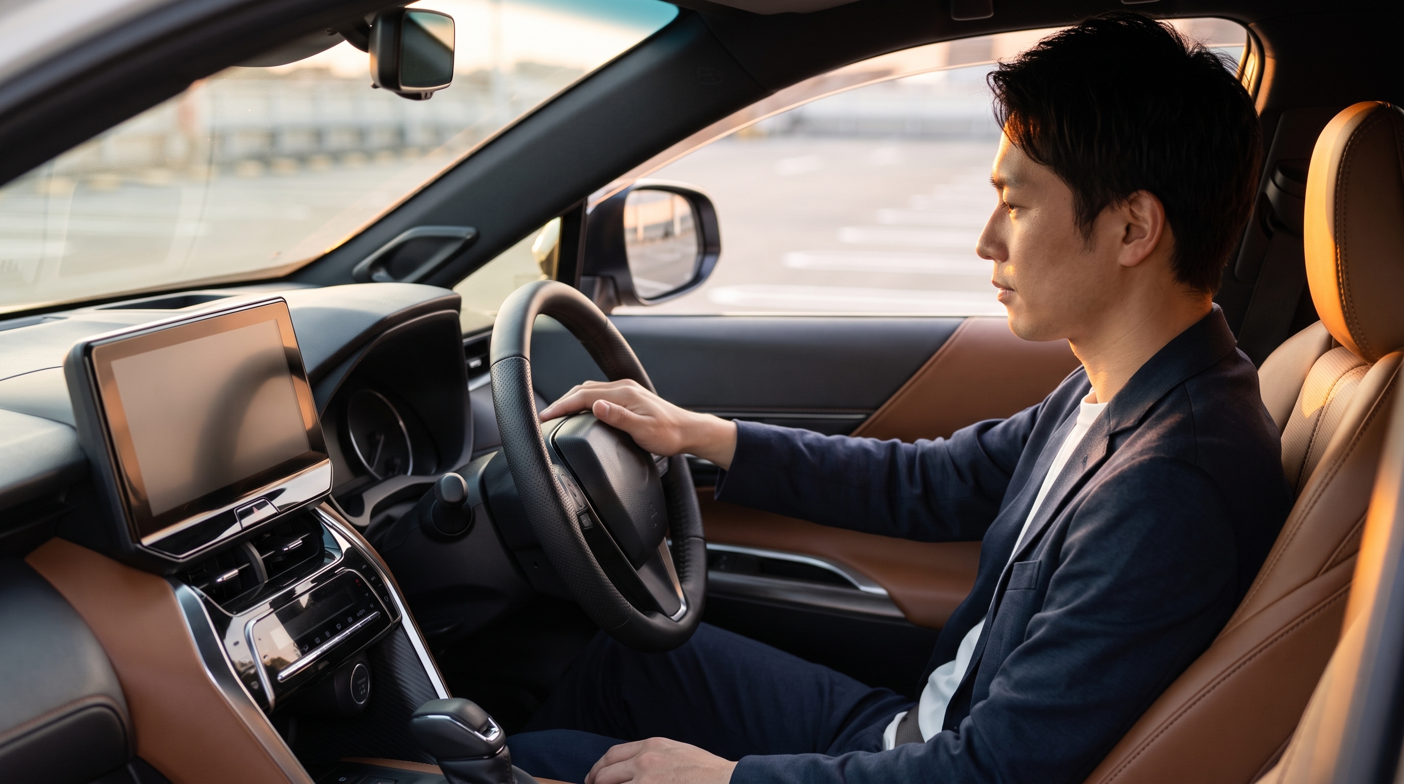 春の夕暮れ時、柔らかな西日が差し込むSUVの車内で、運転席に座った男性が高級感のあるレザー仕様のステアリングやダッシュボードの質感を確かめている横顔の様子。