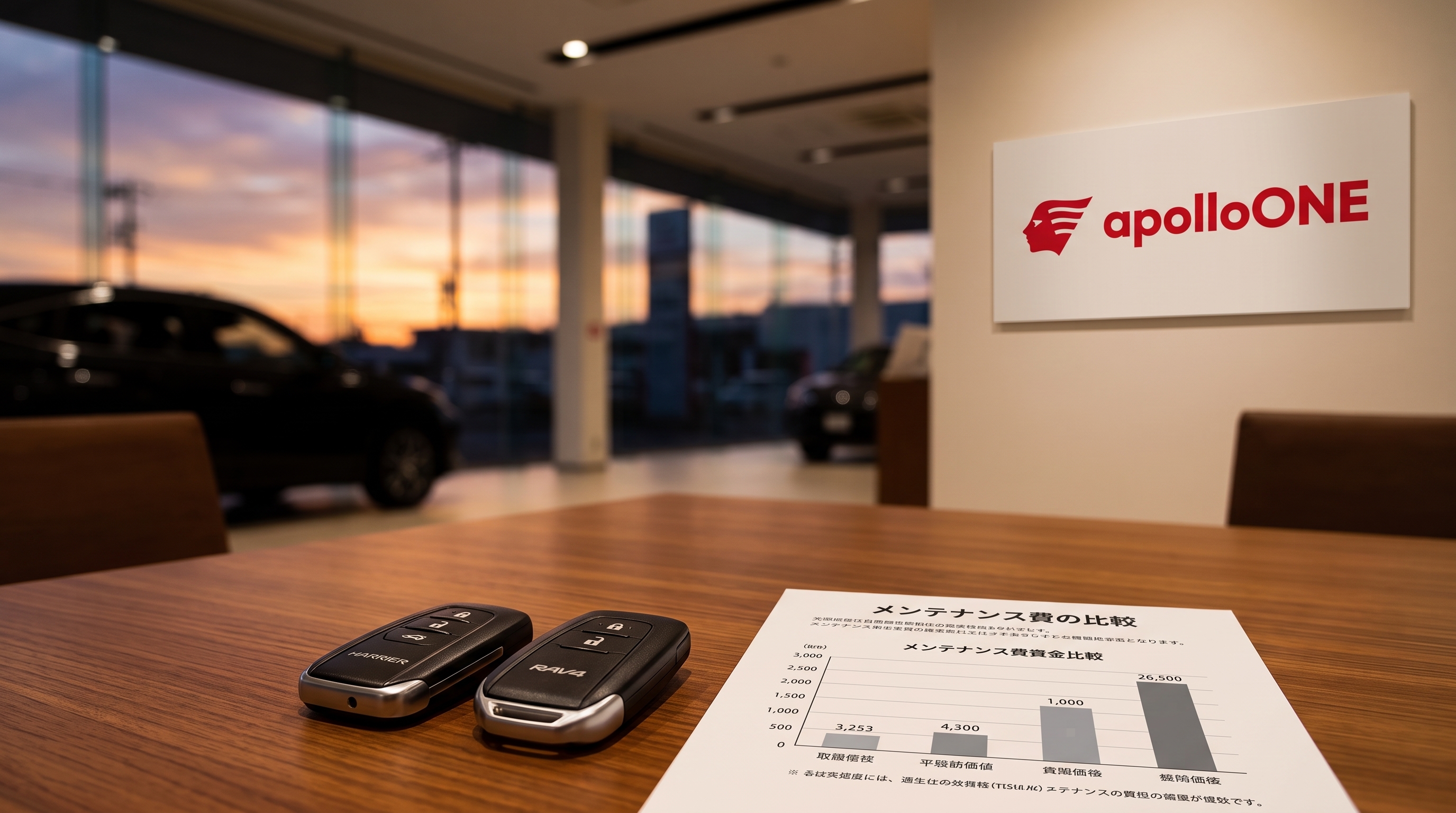 夕暮れ時のショールームの商談スペースで、木目のテーブルの上に2つのスマートキーが並び、車の維持費を比較するシンプルな棒グラフの書類が広げられている様子。