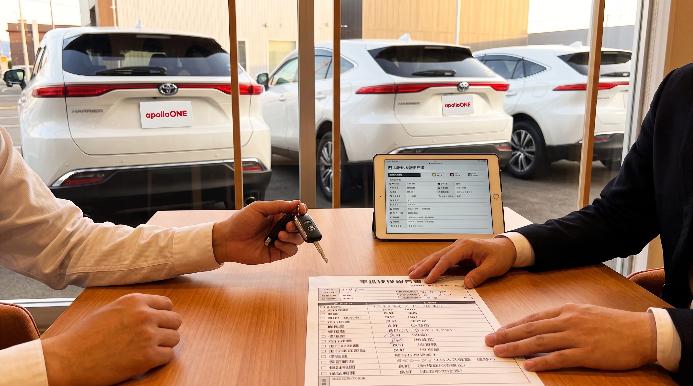 暖色の照明に包まれた商談スペースで、車の鍵と書類が置かれた手元の様子。ローアングルから描かれた、中古車購入時の契約や保証内容の確認をイメージさせるシーンです。