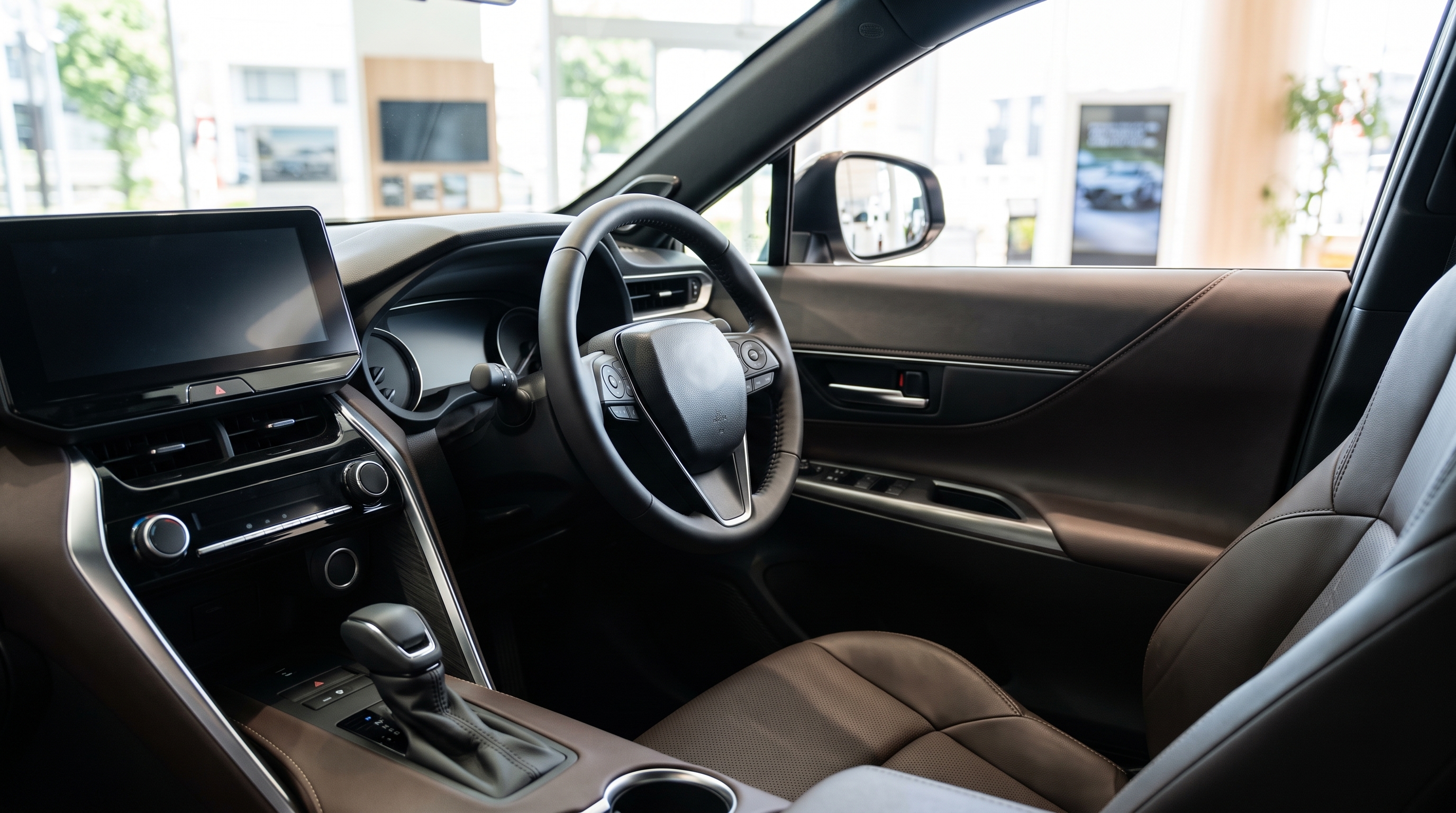明るい自然光が差し込むショールーム内に展示されたSUVの運転席のクローズアップ。上質な内装の素材感やインテリアの精巧な造りがリアルに伝わるシーン。