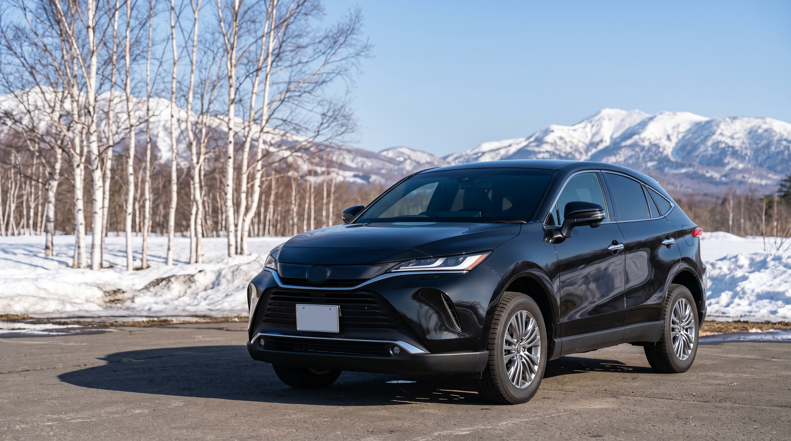 春の朝、雪解けの風景と白樺の木々を背景に、屋外スペースに停車している黒いSUVの様子。朝日がボディの滑らかな曲線を美しく照らし出している遠景のシーン。