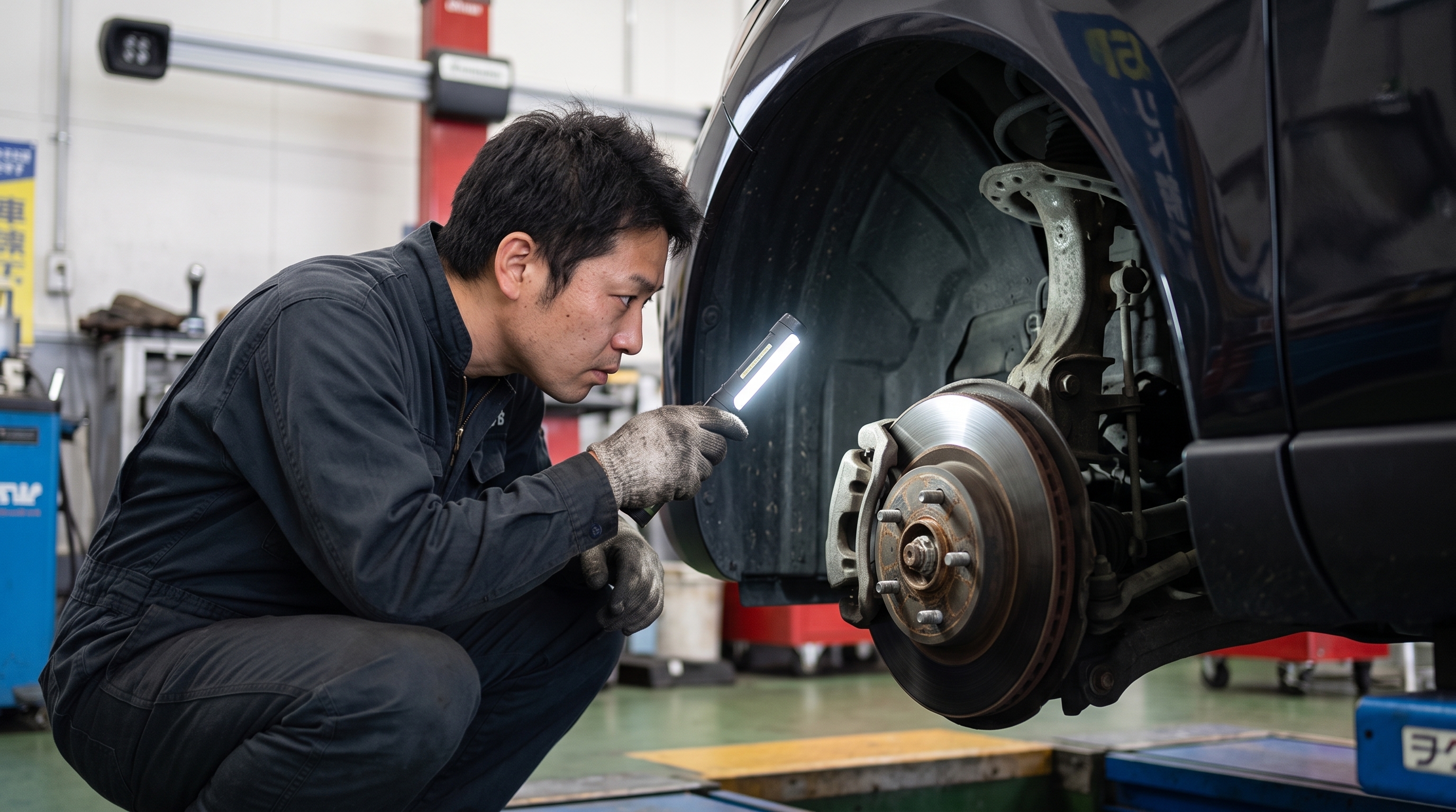 整備ピット内で、作業着姿の査定士がSUVのタイヤハウス周辺をライトで照らし覗き込んでいるクローズアップ。足回りのサビやダメージを真剣な表情で確認している様子。