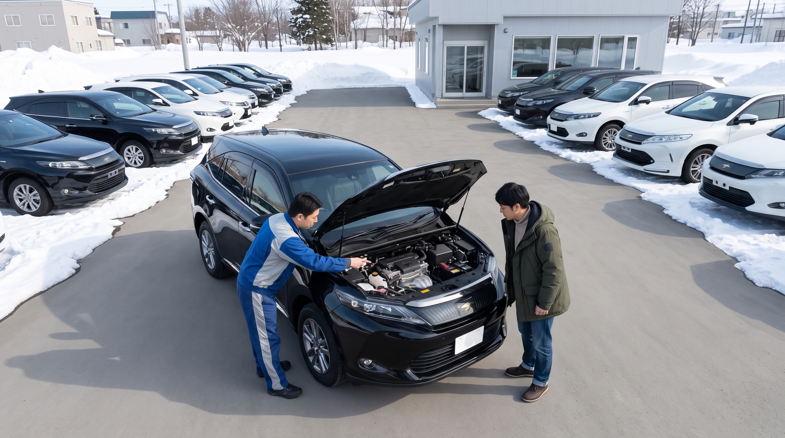 中古車店でスタッフが黒いSUVのエンジンルームを指差し、客に状態を説明している様子。雪の白さと黒い車体のコントラストが際立つ、ハイアングル構図のシーンです。
