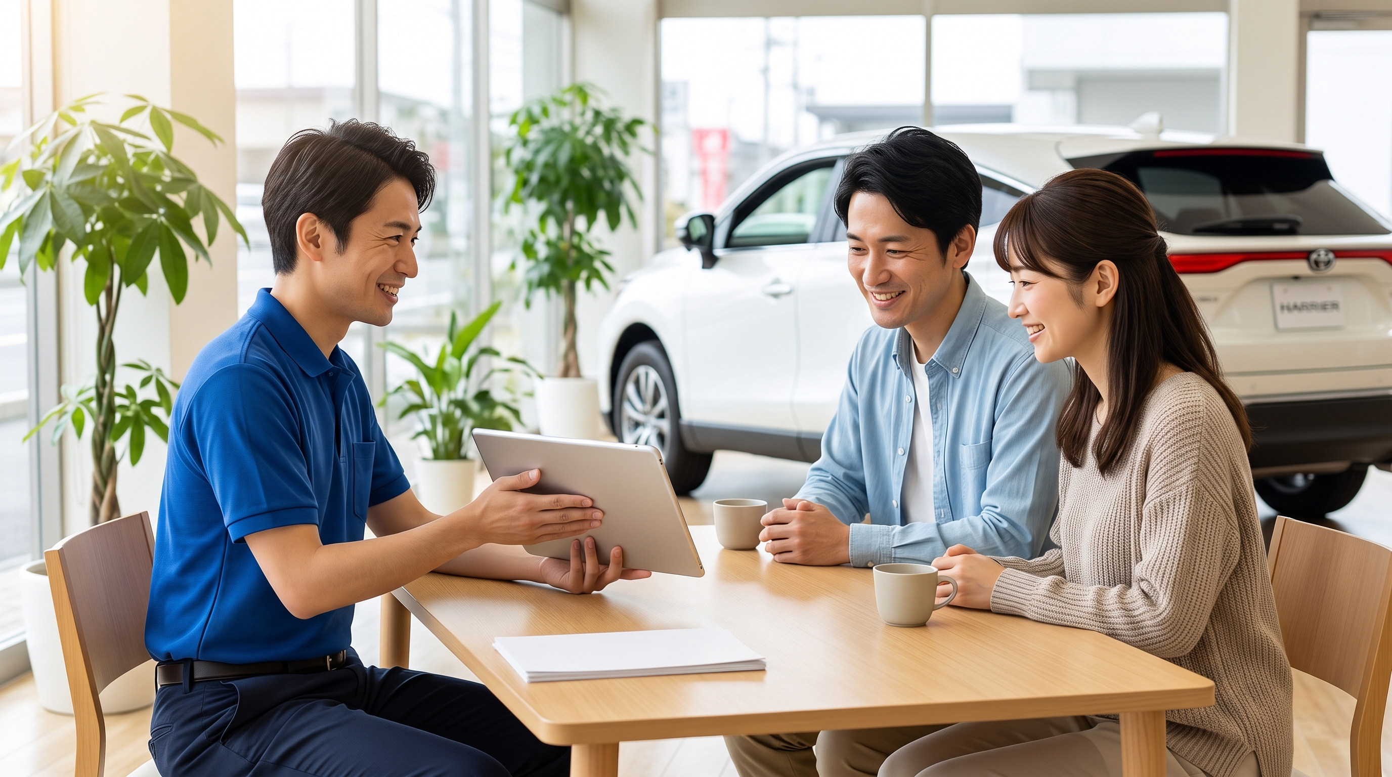 明るい自然光が差し込む清潔なショールームでの商談風景。制服姿の査定士がタブレットを見せながら笑顔で説明し、夫婦が安心した表情で頷いて納得している様子。