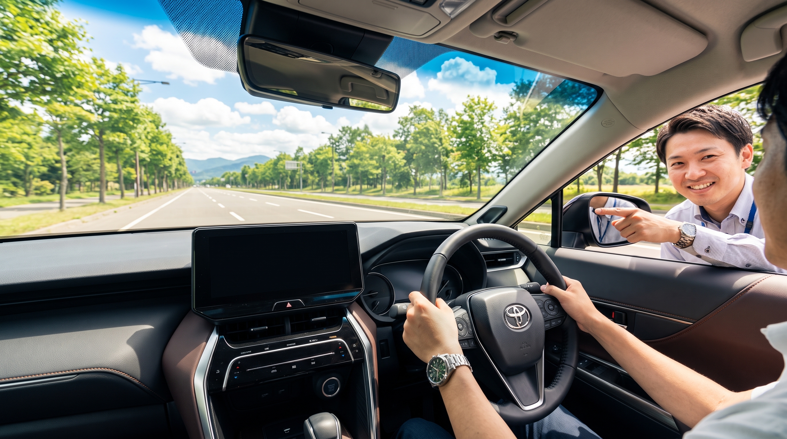 夏の午後、高級SUVの運転席から見た車内の様子。助手席で笑顔で道案内するスタッフと、フロントガラス越しに夏の青空と直線道路が見える明るく開放的なシーンです。