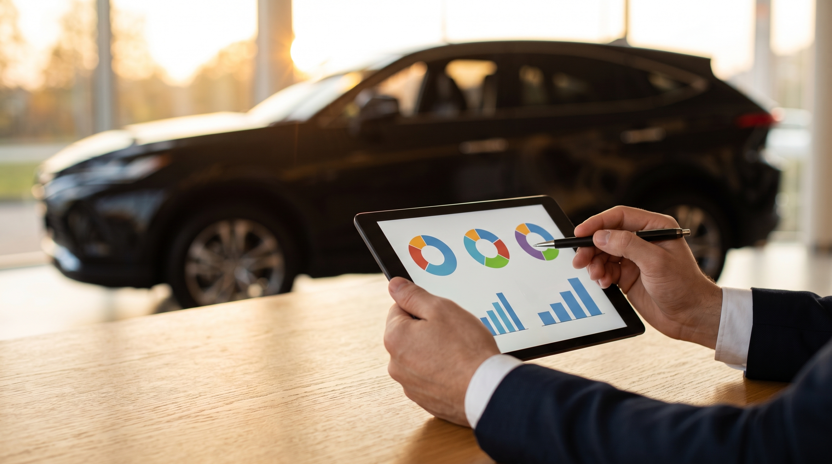 秋の夕暮れ時のショールームで、スタッフが木製テーブルの上でタブレットのグラフを見せながら車の維持費について説明している手元のクローズアップ。