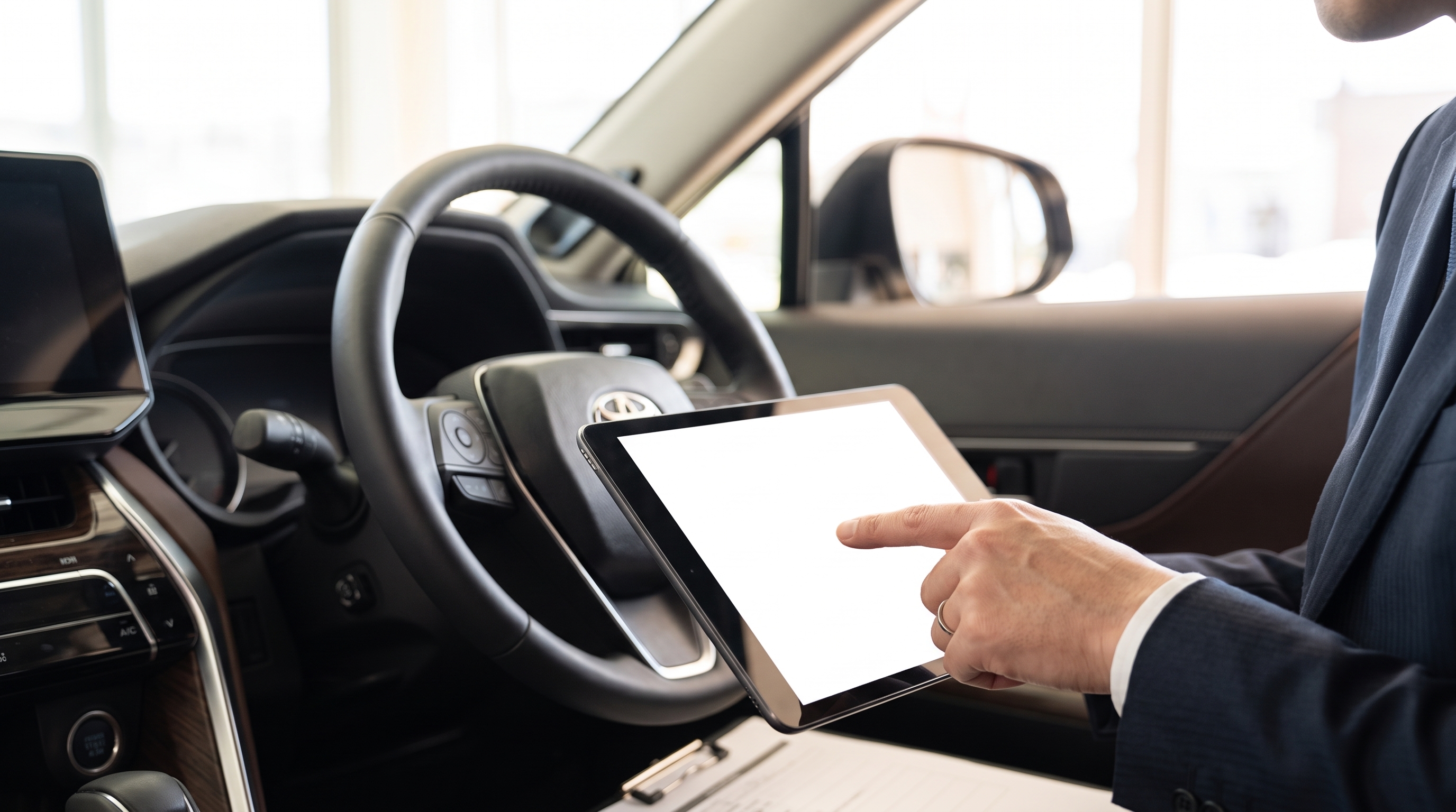冬の柔らかい日差しが差し込む明るい車内で、タブレット画面を指差すスタッフの手元と、背景にボケて写るステアリングホイールをクローズアップした商談の様子。