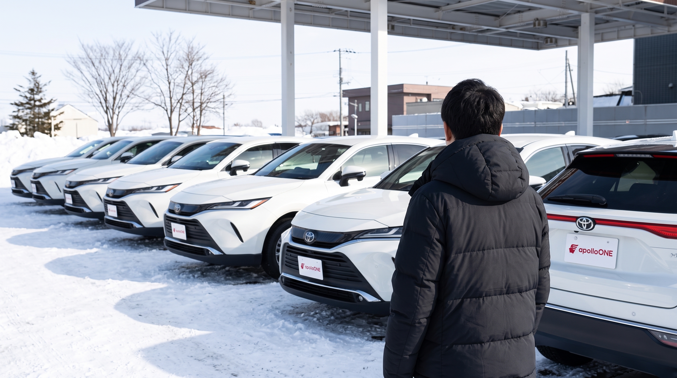 雪がうっすら積もった冬の屋外展示場に白いSUVが整列している様子。ダウンジャケット姿の客が車を見比べる後ろ姿が写る、明るい自然光が雪に反射するクリアなシーン。