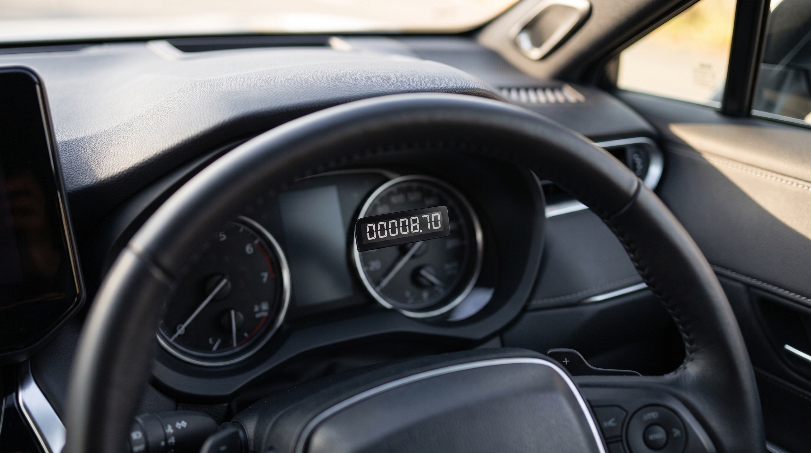 自然光が差し込むSUVの運転席で、ステアリング奥のメーターパネルを捉えたクローズアップ。走行距離計にピントを合わせ、中古車の状態を確認している視点の様子。