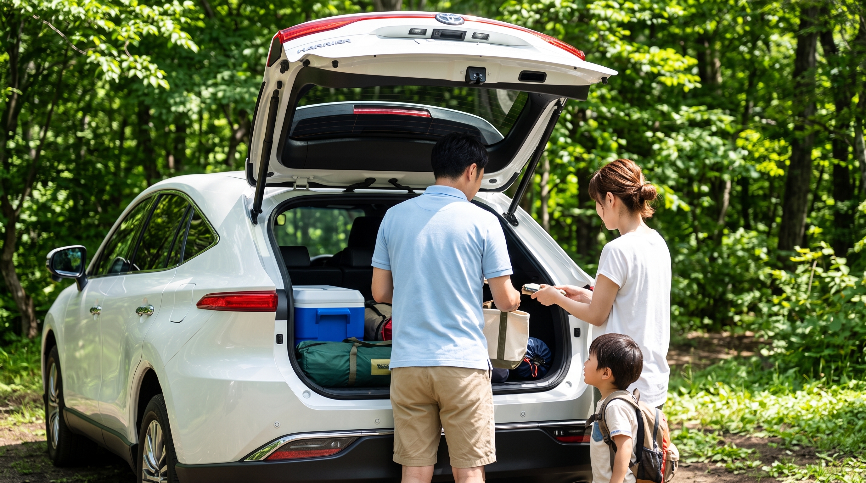 バックドアを開けたSUVの荷室に、キャンプ道具を積み込む家族の後ろ姿。夏の強い日差しと鮮やかな緑の木陰の中、アウトドアを楽しむ休日のワンシーンです。