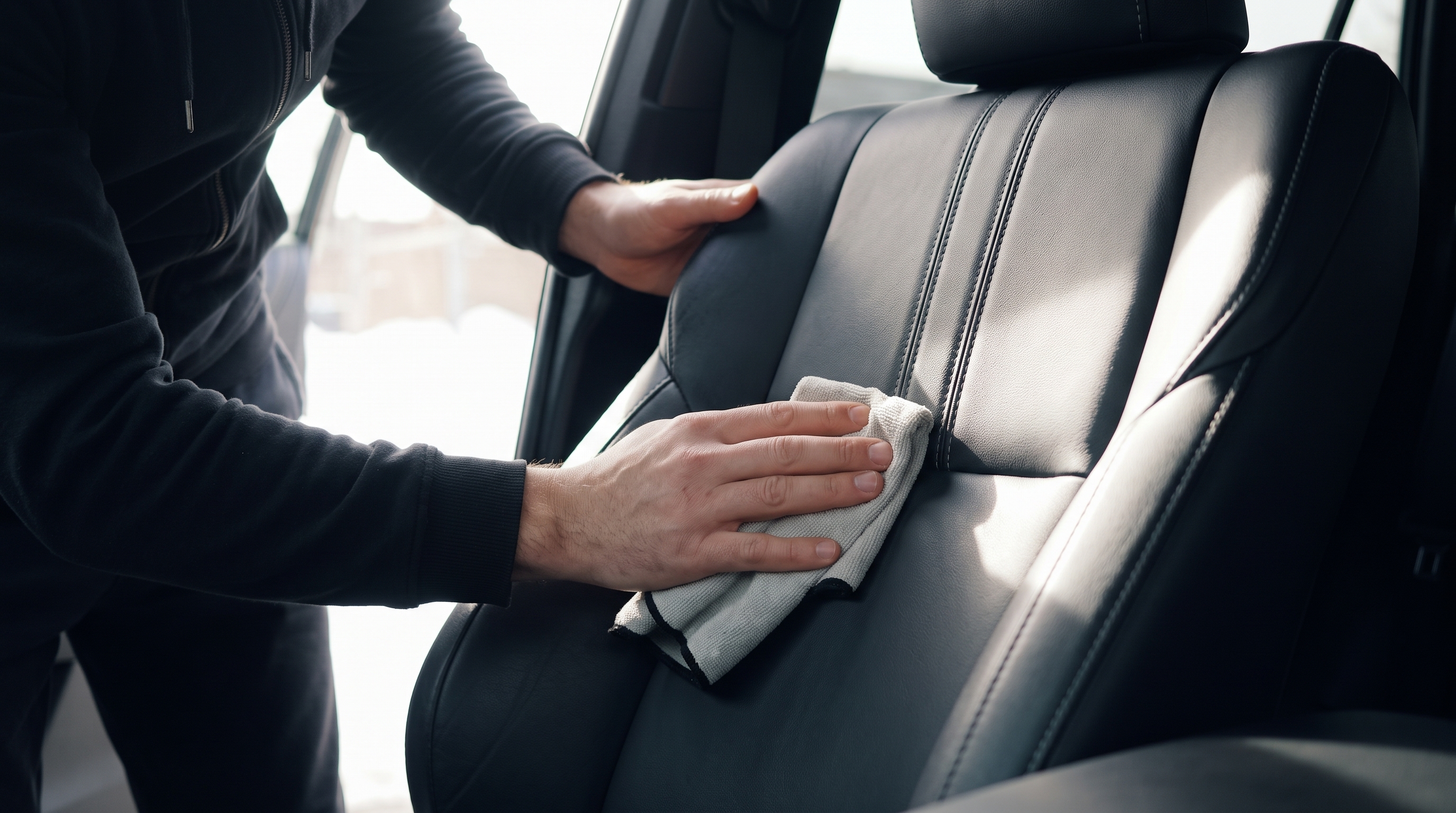 SUVの車内で、レザーシートをクロスで丁寧に拭き上げる男性の手元のクローズアップ。自然光がシートのステッチや質感を浮かび上がらせる、日々のメンテナンスの様子。