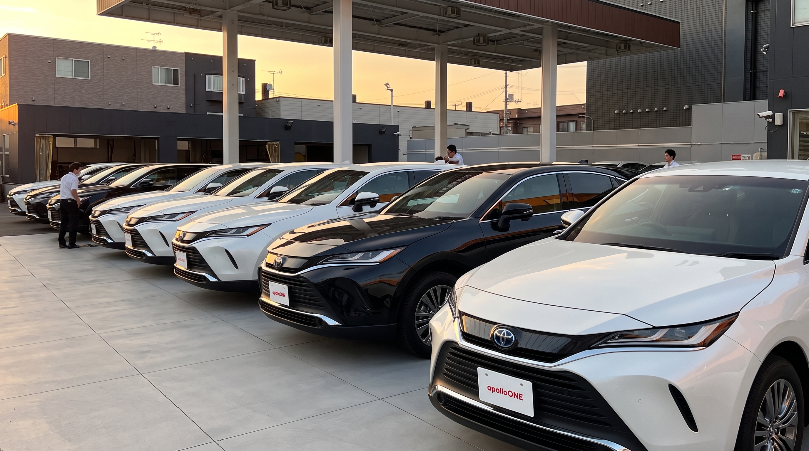 夕暮れ時の中古車展示場で、白と黒のSUVが美しく整列している様子。夕日が車のルーフやボンネットを照らし、塗装のツヤを際立たせている美しいシーン。