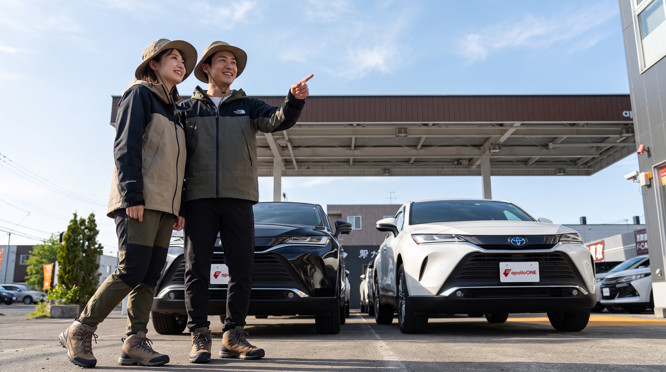 春の澄んだ青空の下、アウトドアファッションの若いカップルが背景に停まる黒と白のSUVを指差しながら楽しそうに話し合っている様子を見上げるローアングルショット。