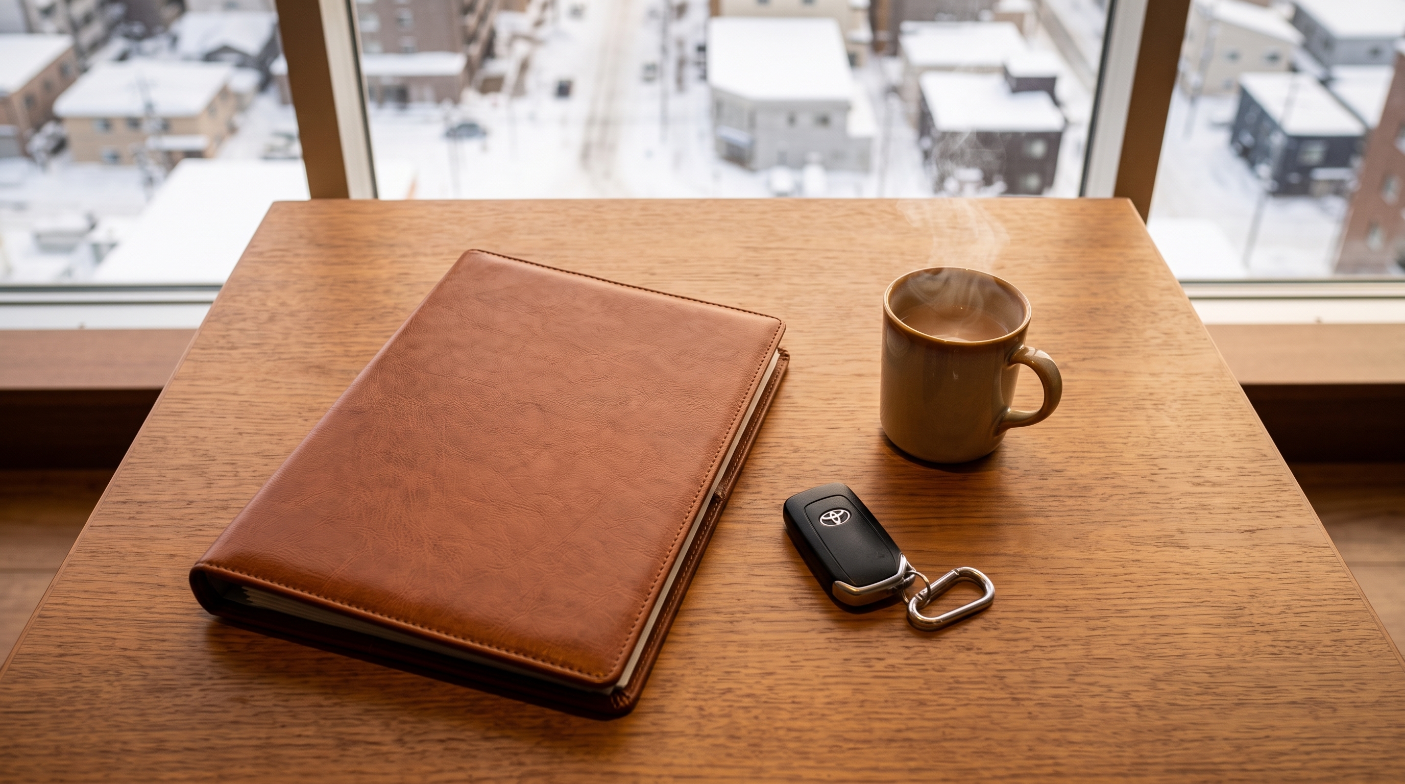 冬の暖かみのあるウッド調の商談ルームで、テーブルの上にレザー調の保証書ファイルや車のスマートキー、湯気の立つマグカップが置かれている様子を見下ろしたシーン。