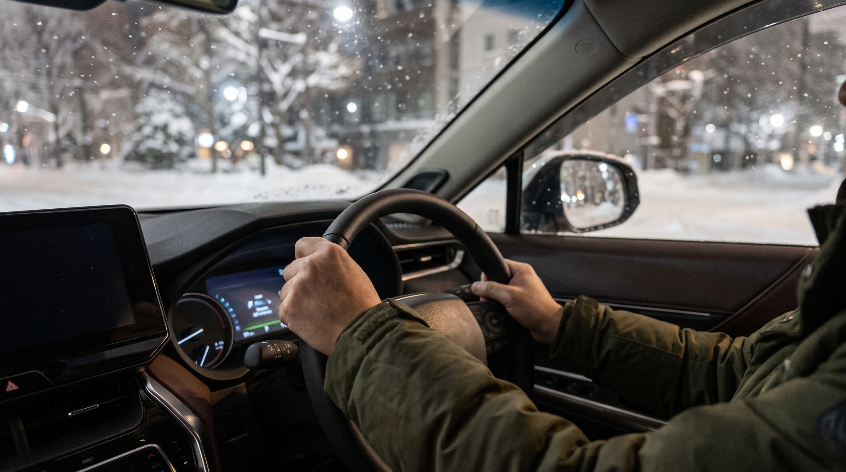 雪が降る冬の夜、運転席で本革巻きのステアリングを握る男性の手元のクローズアップ。厚手のアウトドアジャケットを着て試乗する様子と、窓越しに見える雪の舞う街並み。