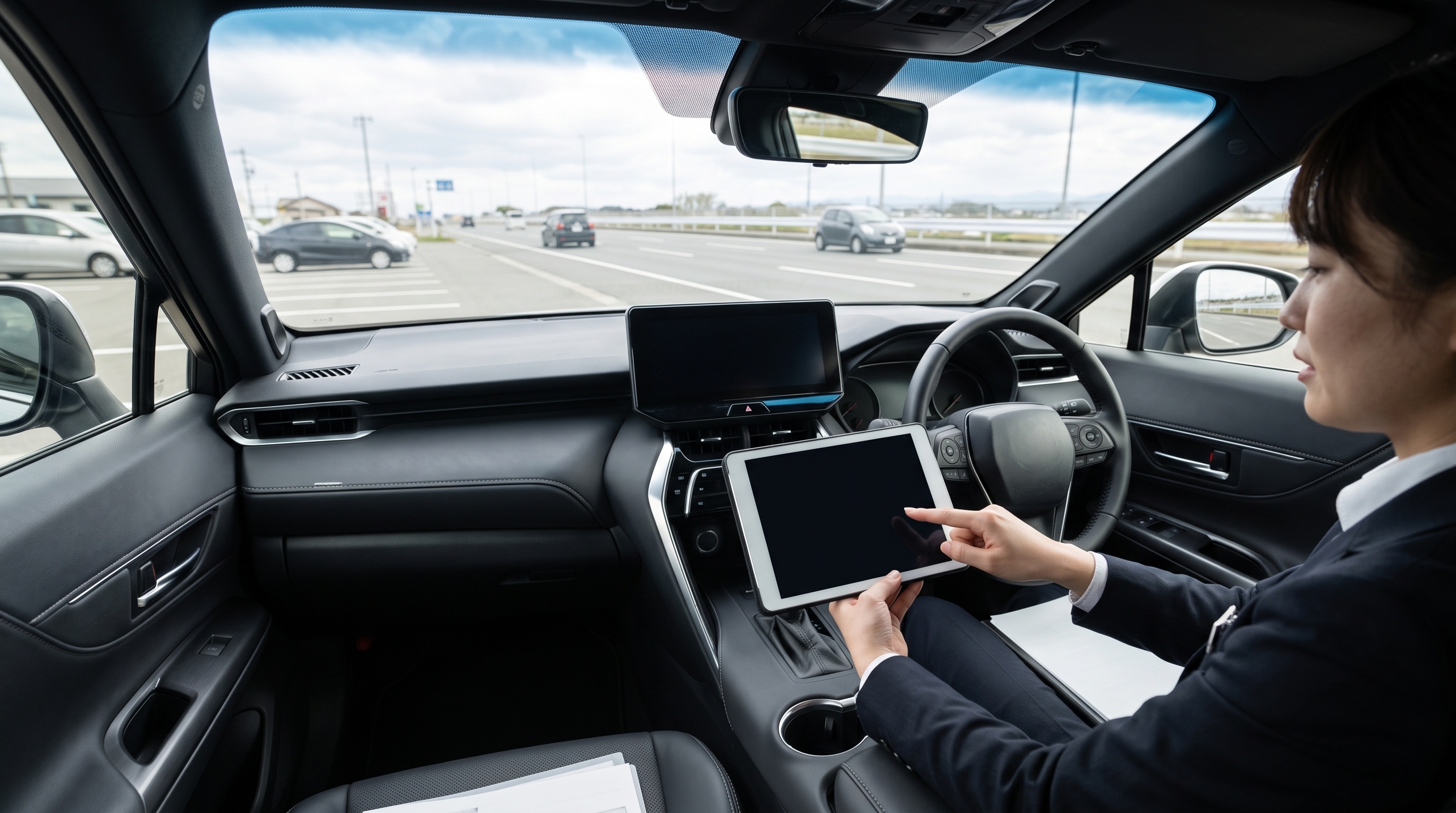 試乗出発直前のSUVの車内を運転席からの視点で捉えたシーン。助手席のスタッフがタブレットで案内する様子と、高級感のある内装がリアルに表現されています。